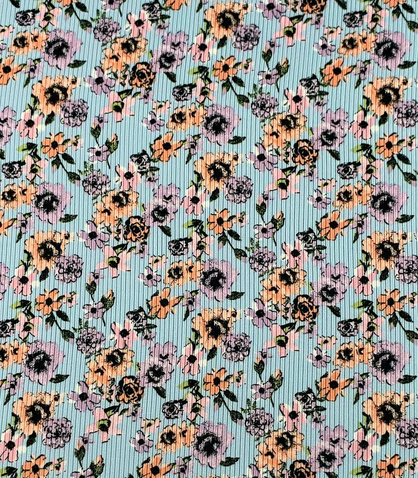 Sky Blue/Pink/Peach Ditsy Floral Ribbed Knit (4x2) Fabric
