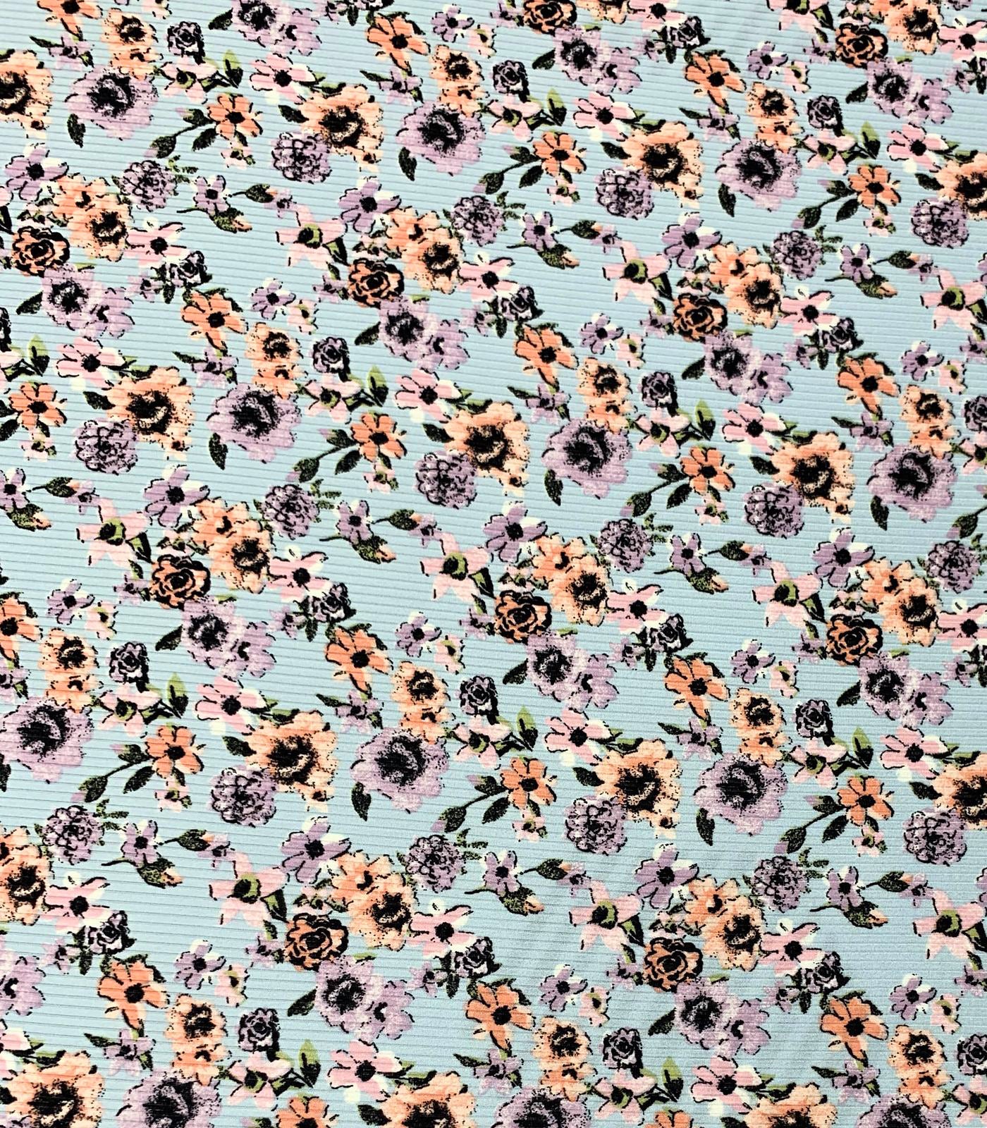 Sky Blue/Pink/Peach Ditsy Floral Ribbed Knit (4x2) Fabric