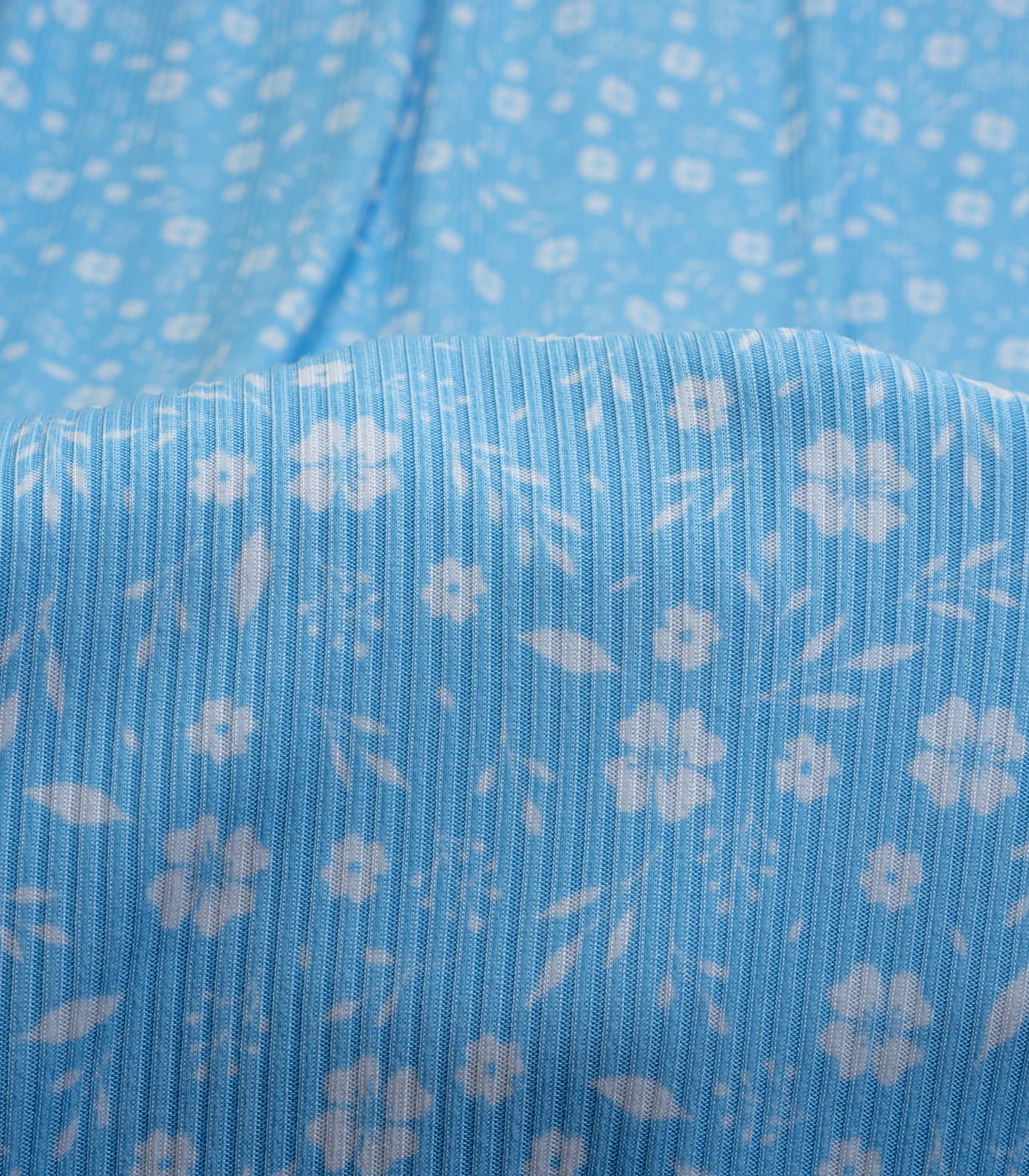 Baby Blue/White Ditsy Floral Ribbed Knit (4x2) Fabric