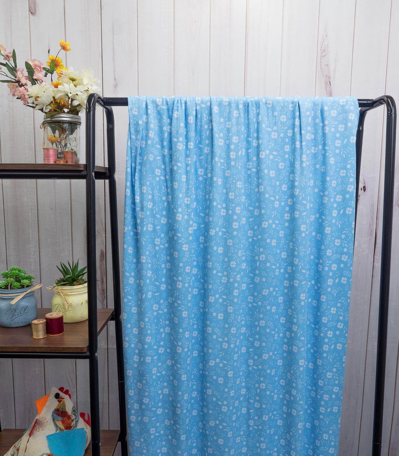 Baby Blue/White Ditsy Floral Ribbed Knit (4x2) Fabric