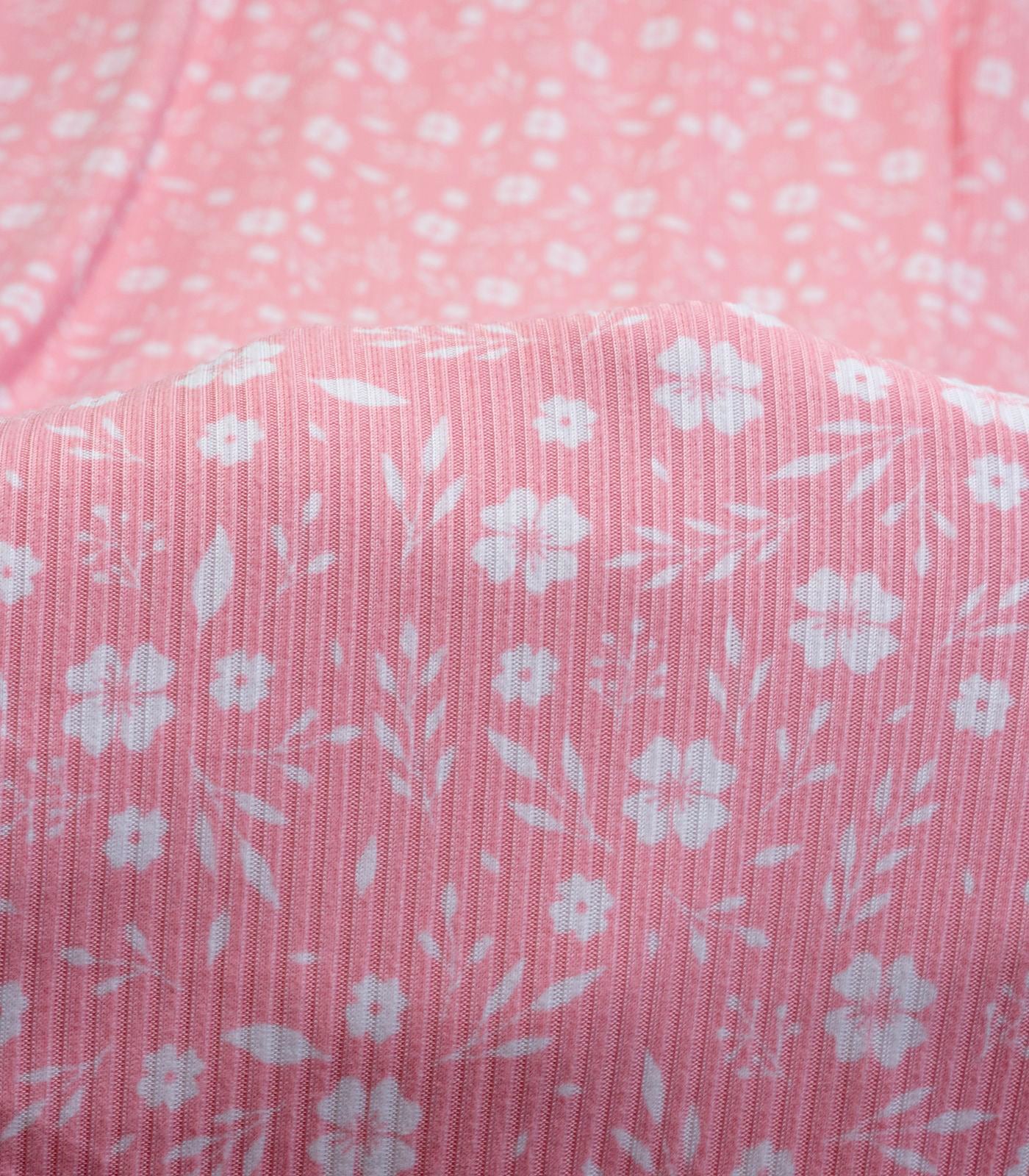Baby Pink/White Ditsy Floral Ribbed Knit (4x2) Fabric
