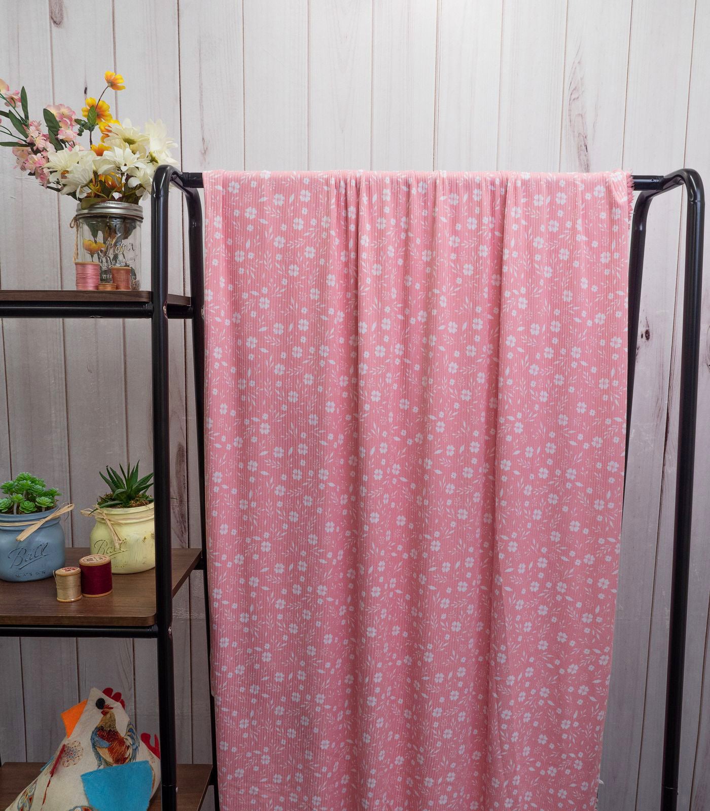 Baby Pink/White Ditsy Floral Ribbed Knit (4x2) Fabric