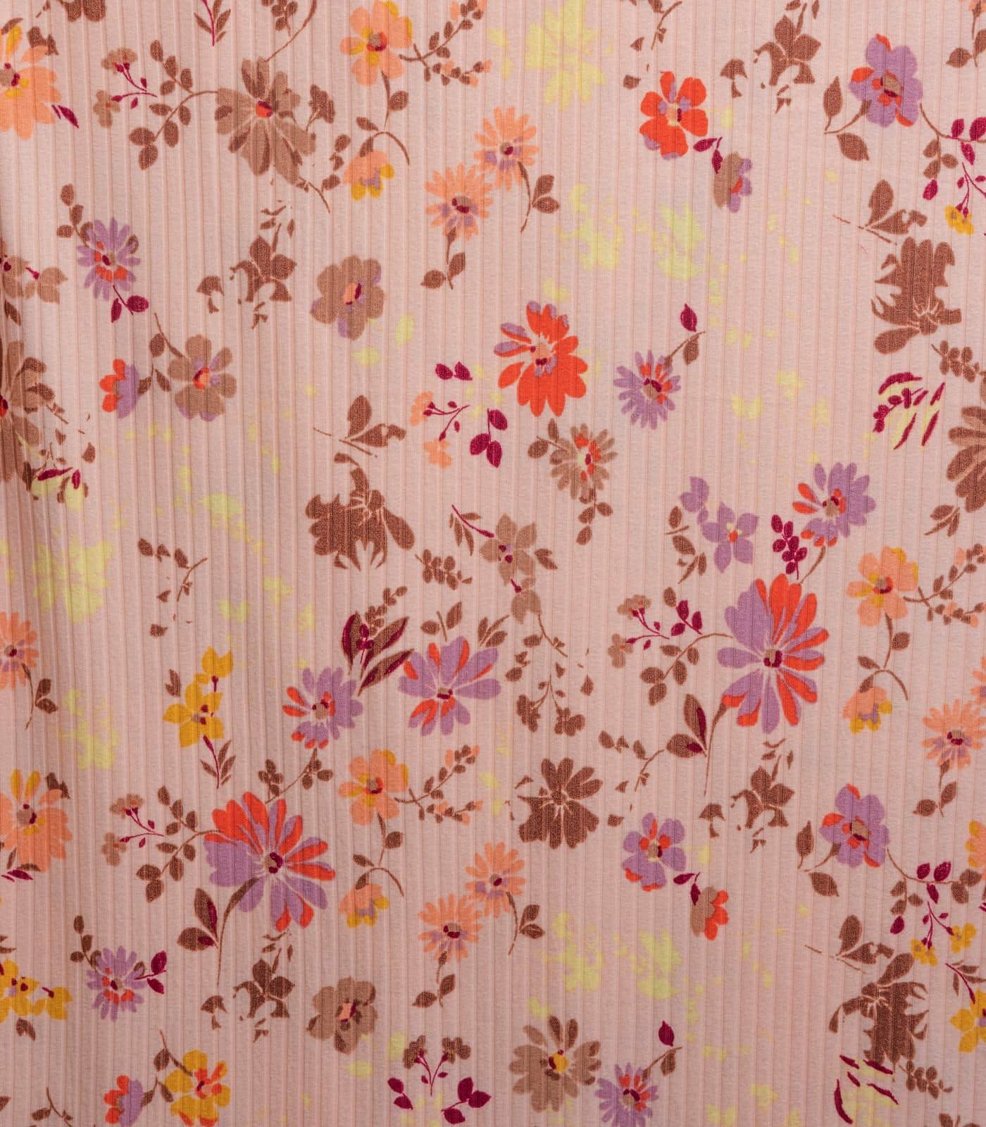 Peach/Lavender/Yellow Small Floral Ribbed Knit (8x3 Brushed) Fabric