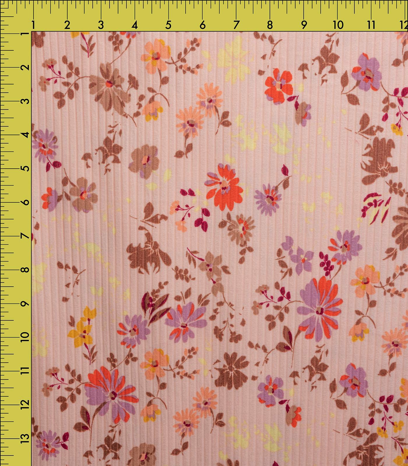 Peach/Lavender/Yellow Small Floral Ribbed Knit (8x3 Brushed) Fabric
