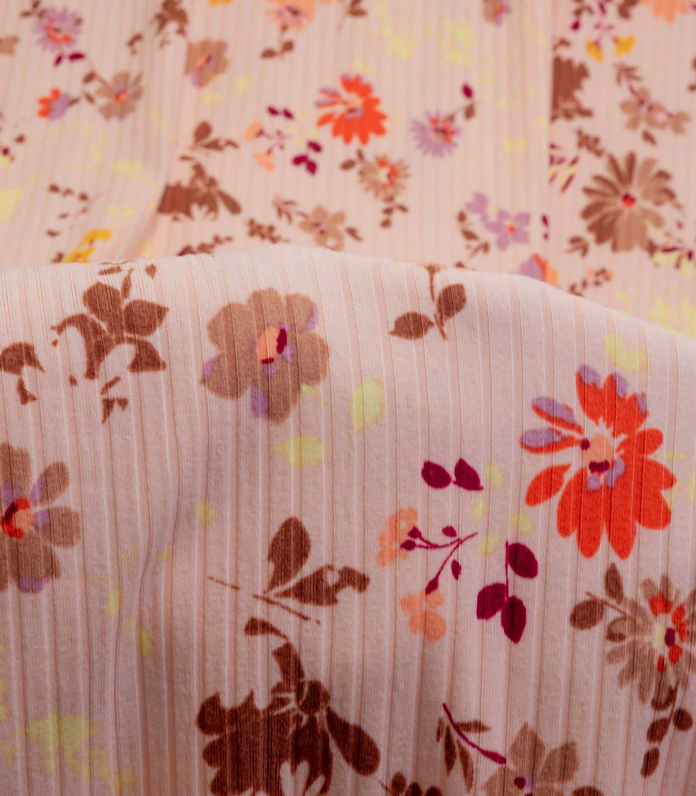 Peach/Lavender/Yellow Small Floral Ribbed Knit (8x3 Brushed) Fabric