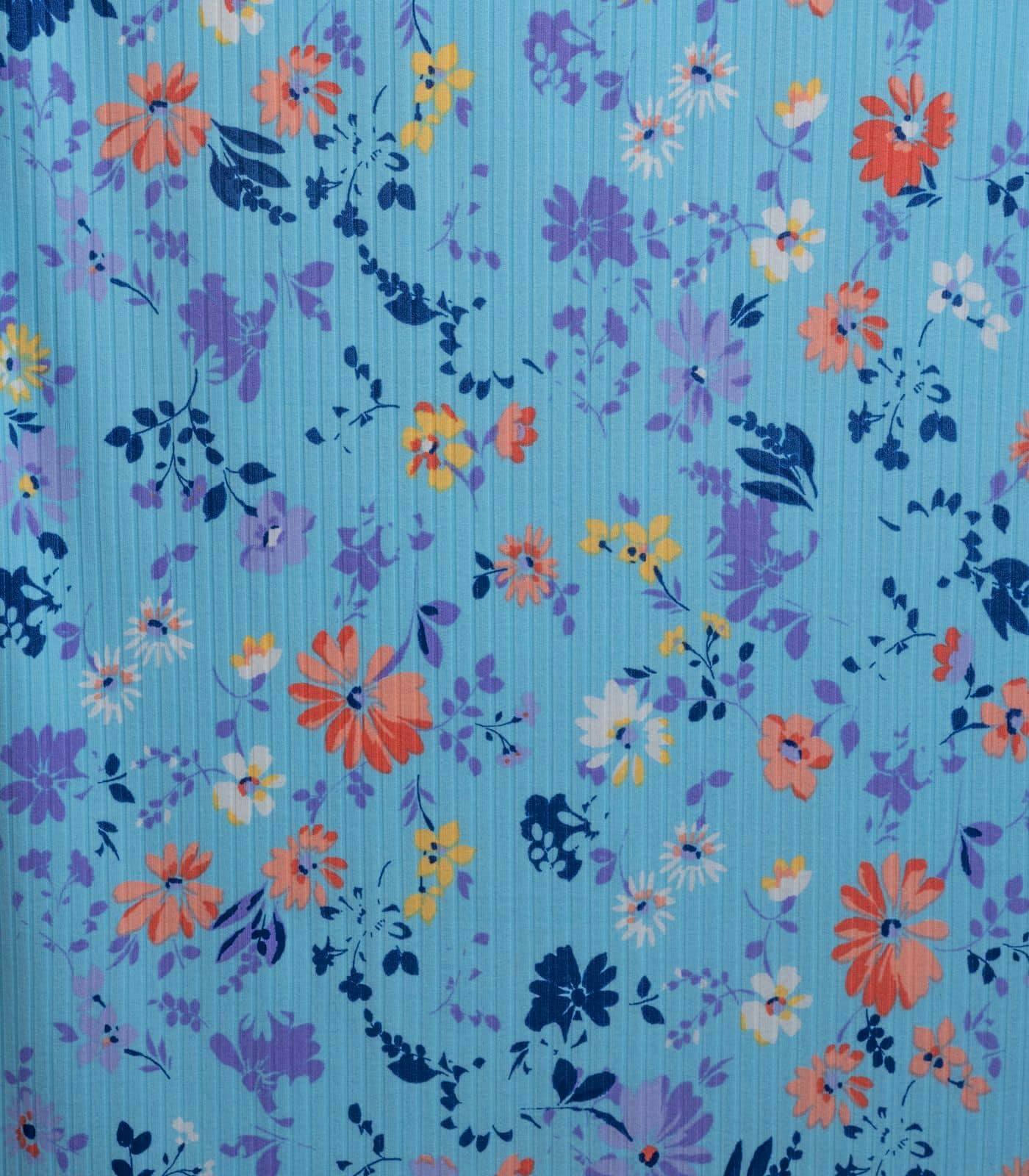 Baby Blue/Navy/Lavender Small Floral Ribbed Knit (8x3 Brushed) Fabric