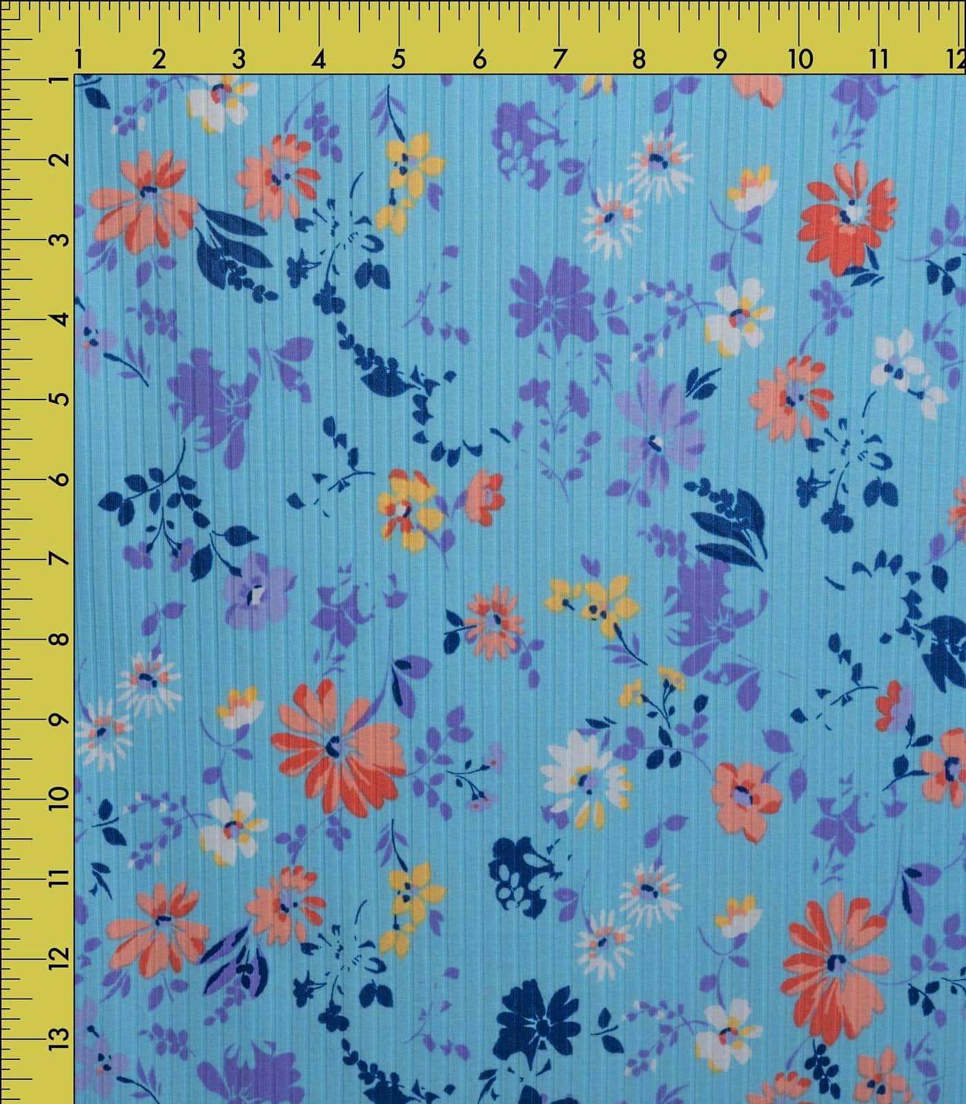 Baby Blue/Navy/Lavender Small Floral Ribbed Knit (8x3 Brushed) Fabric