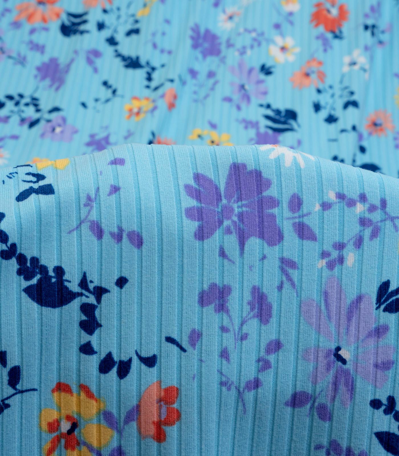 Baby Blue/Navy/Lavender Small Floral Ribbed Knit (8x3 Brushed) Fabric