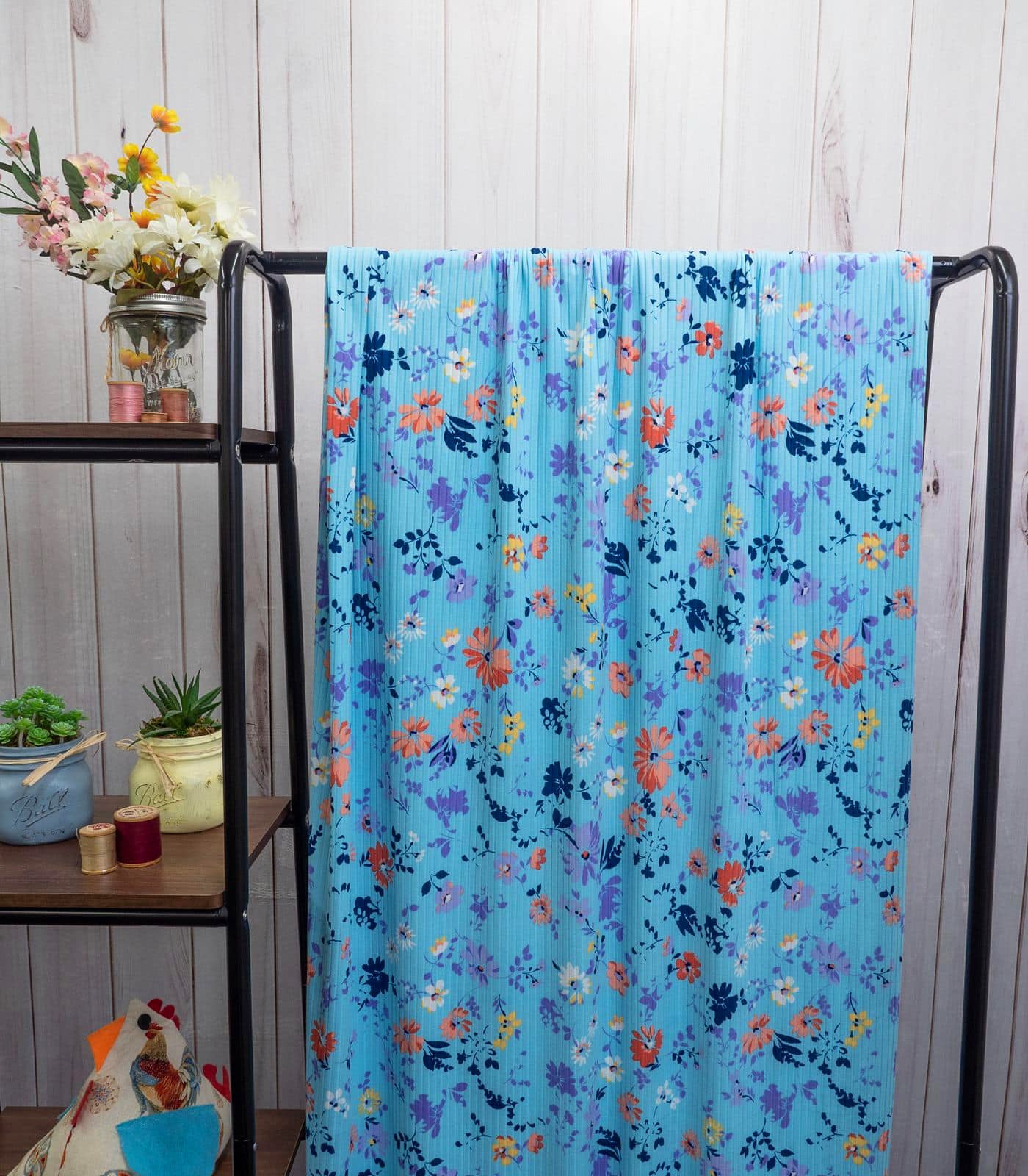 Baby Blue/Navy/Lavender Small Floral Ribbed Knit (8x3 Brushed) Fabric