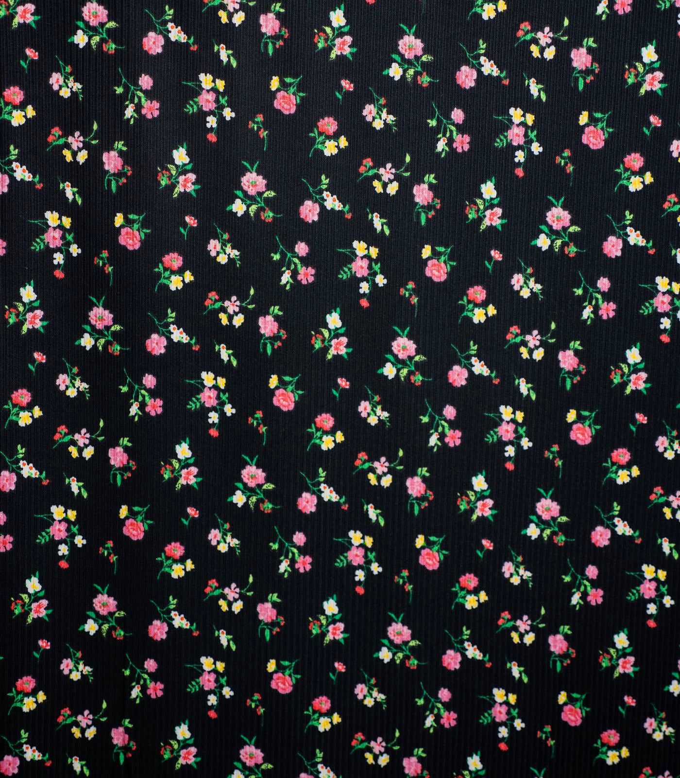 Black/Pink/Green Ditsy Floral Ribbed Knit (4x2) Fabric