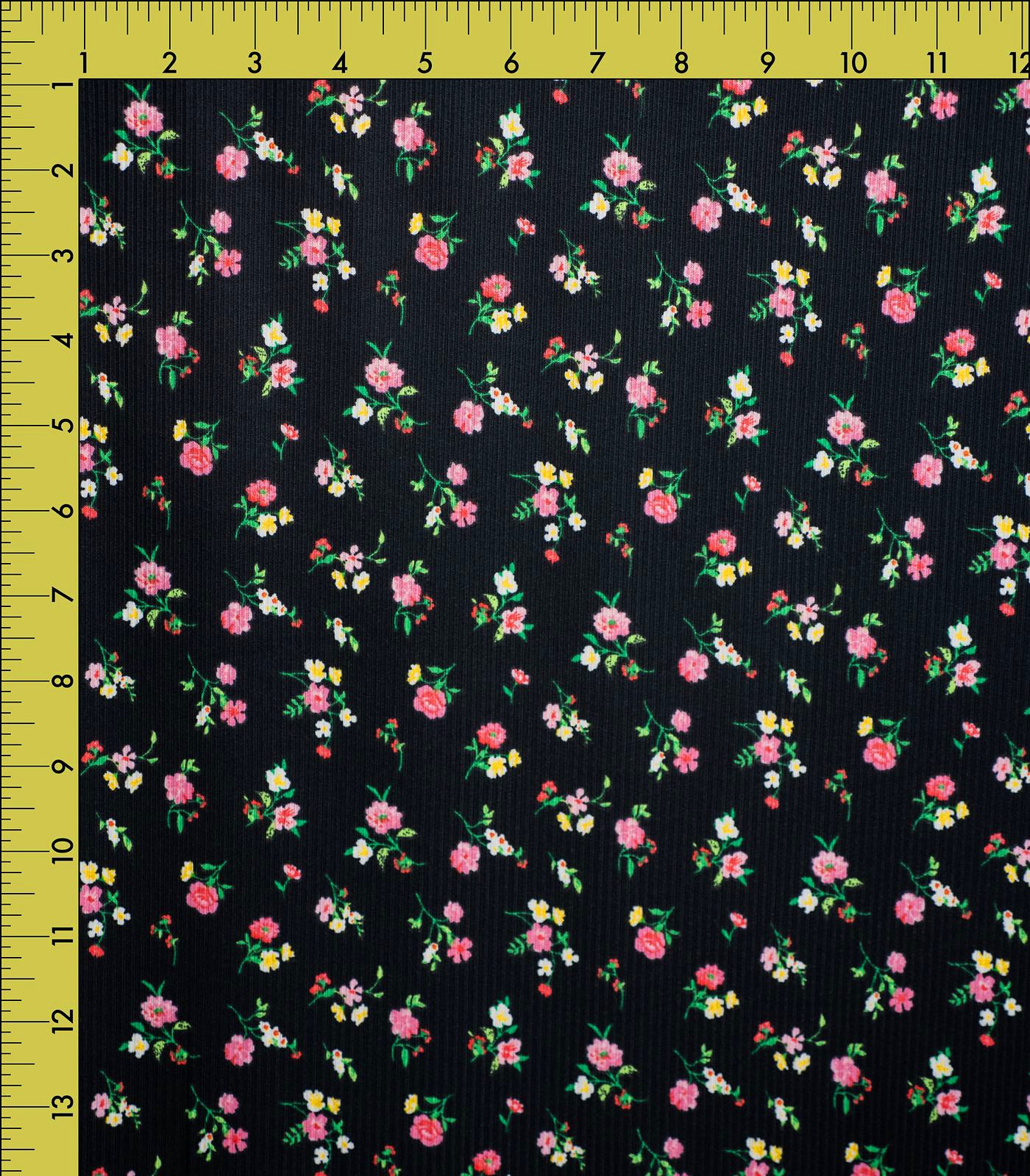 Black/Pink/Green Ditsy Floral Ribbed Knit (4x2) Fabric