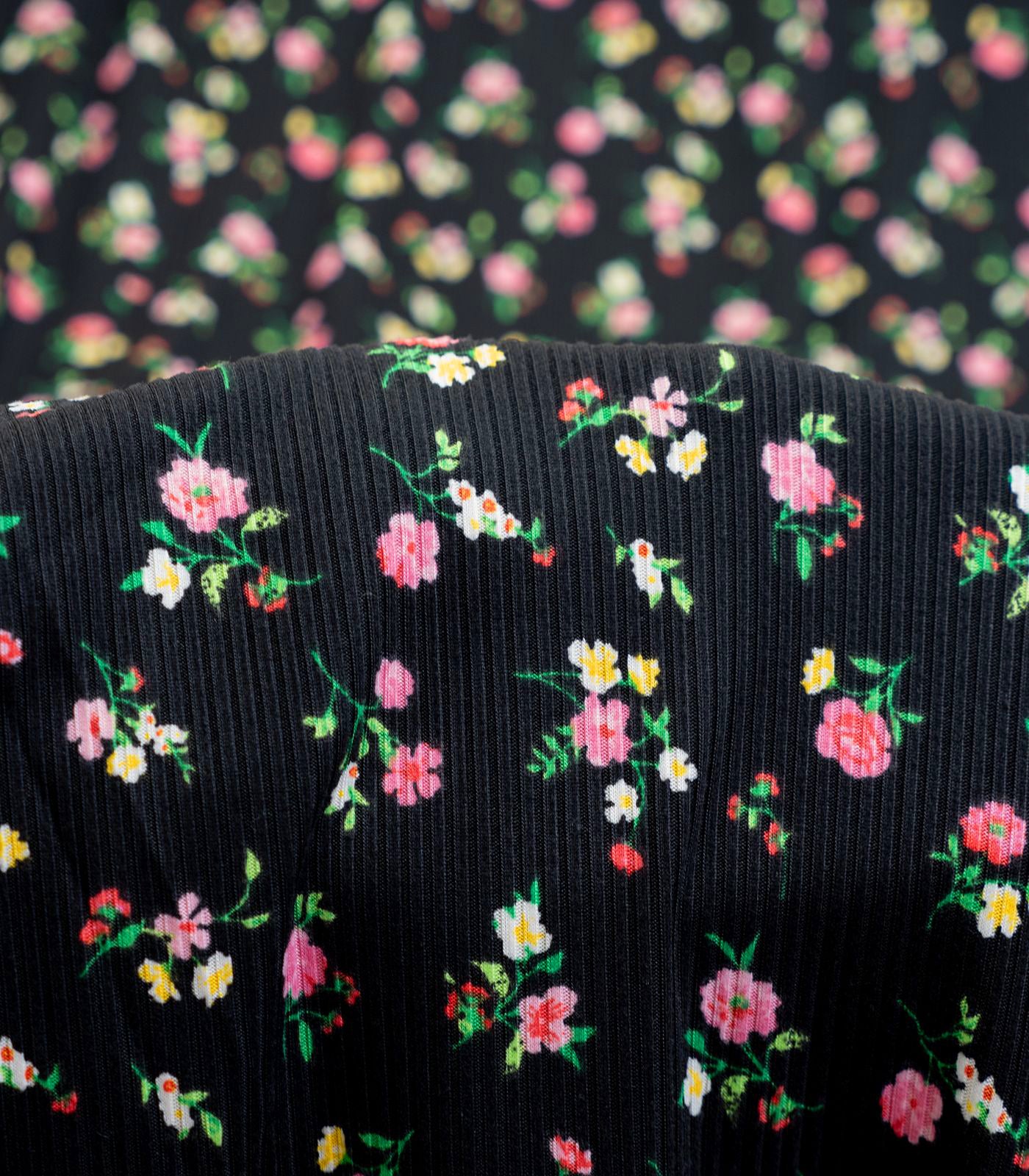 Black/Pink/Green Ditsy Floral Ribbed Knit (4x2) Fabric