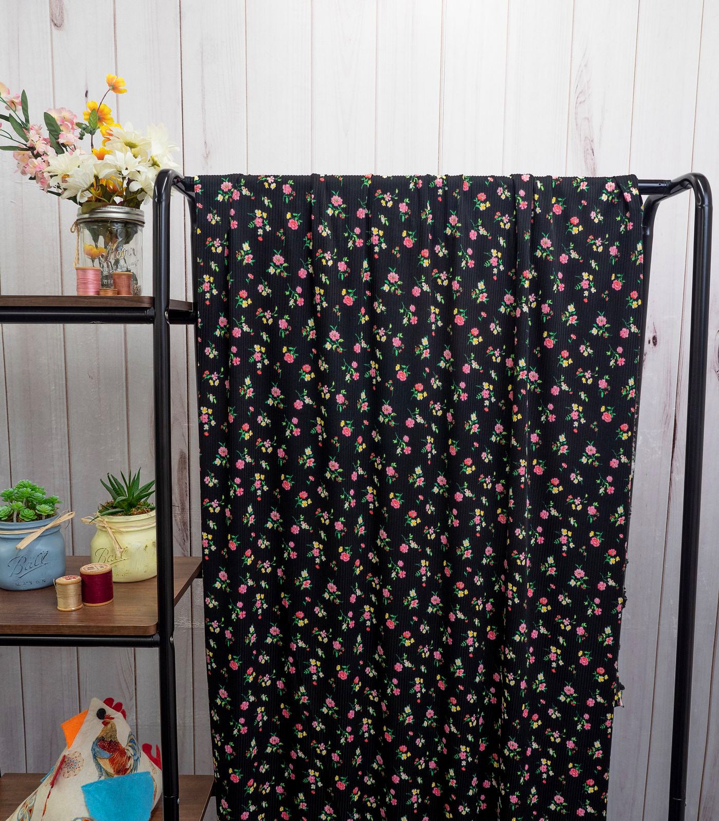 Black/Pink/Green Ditsy Floral Ribbed Knit (4x2) Fabric