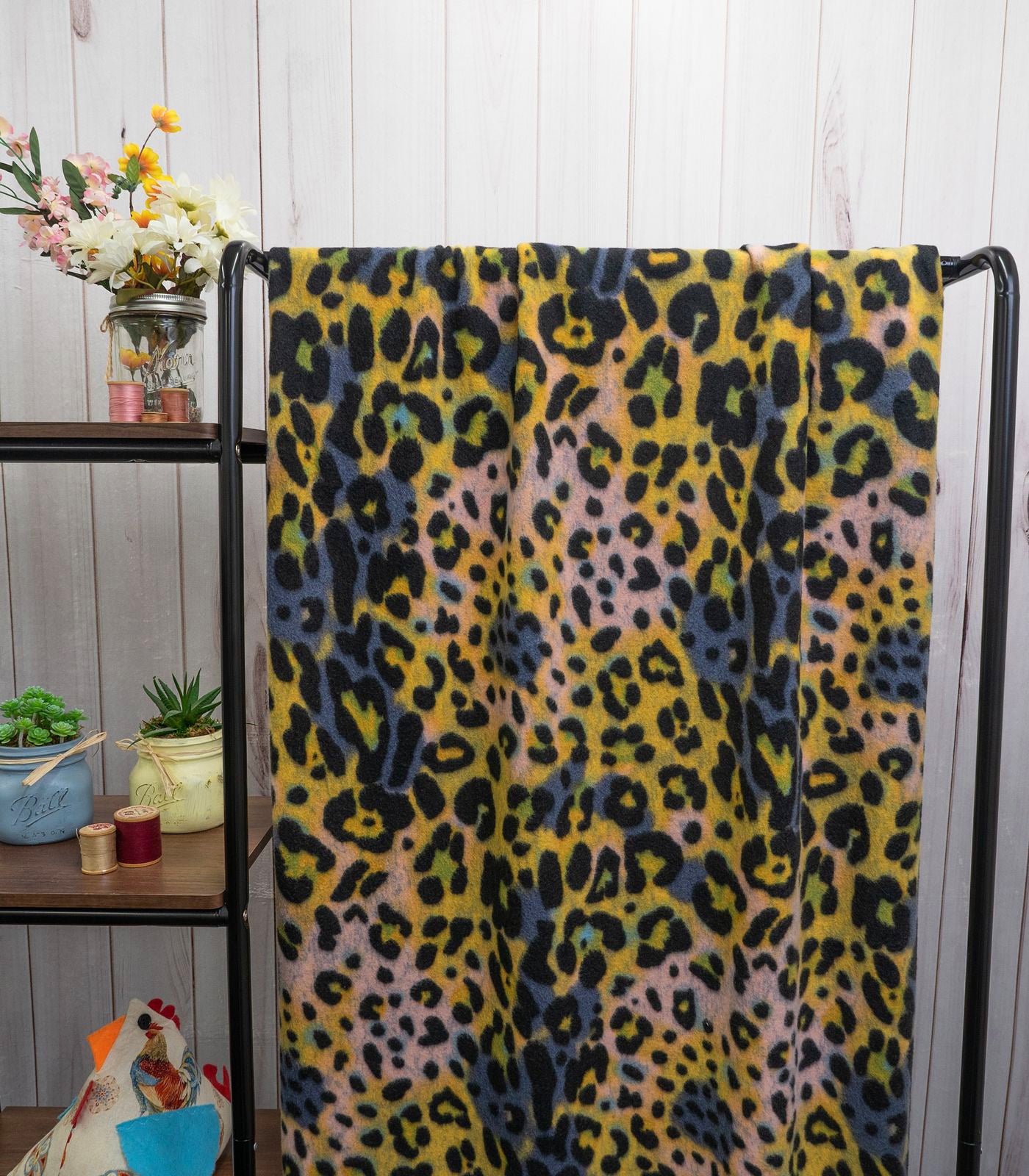 Yellow/Black/Purple Faux Cashmere Cheetah Brushed Sweater Knit Fabric