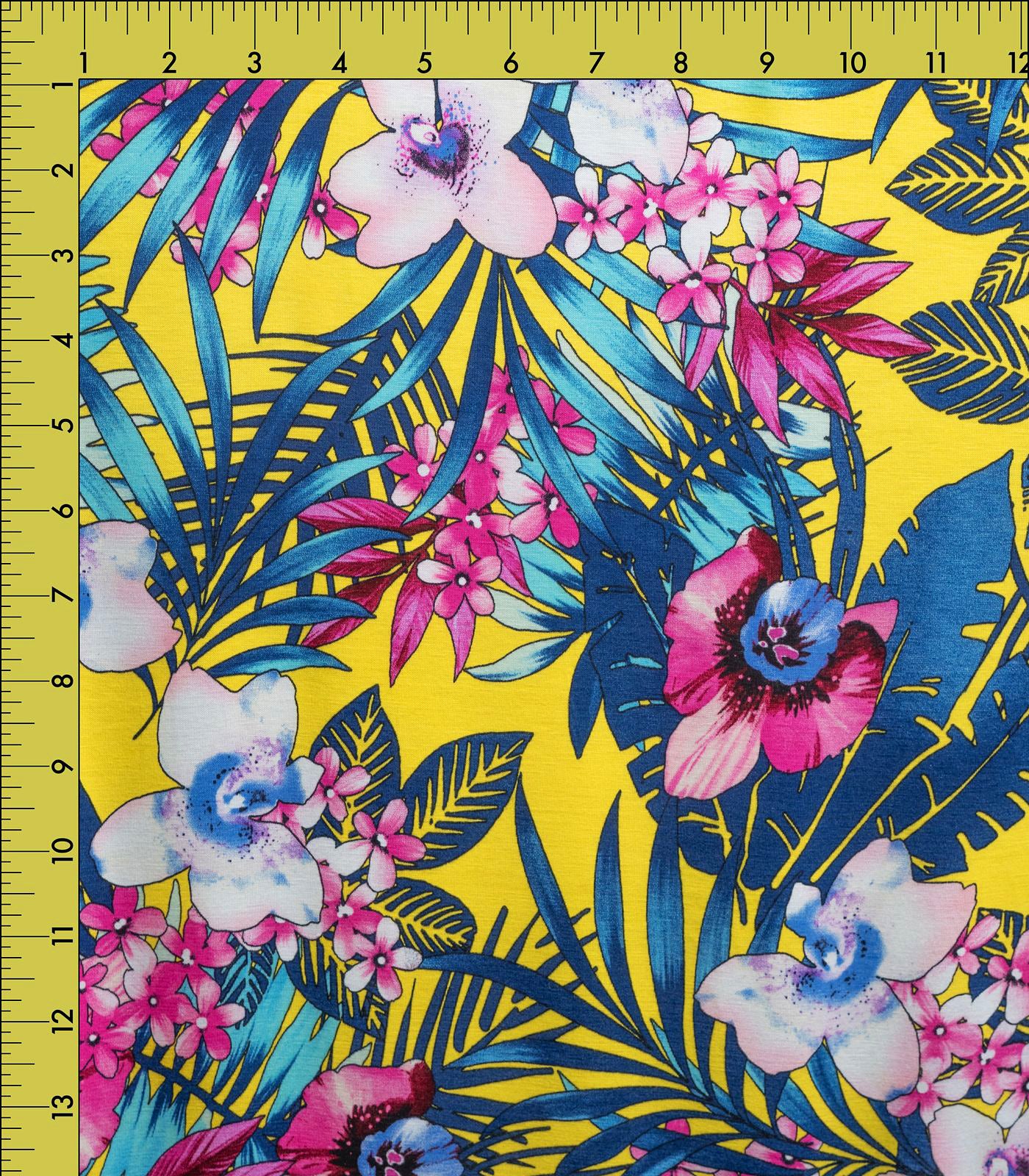 Yellow/Navy/Hot Pink Tropical/Floral Rayon Spandex Fabric