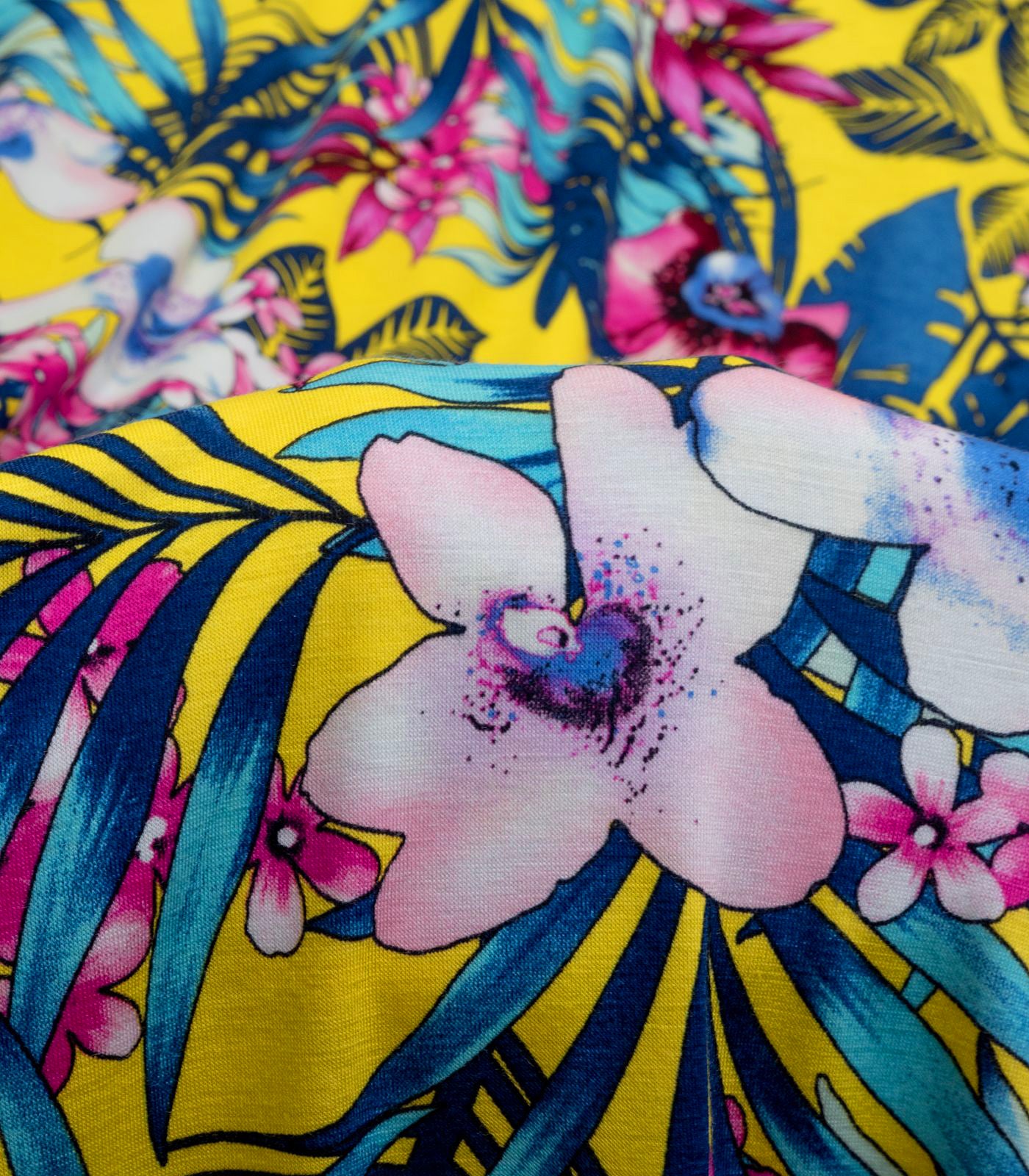 Yellow/Navy/Hot Pink Tropical/Floral Rayon Spandex Fabric