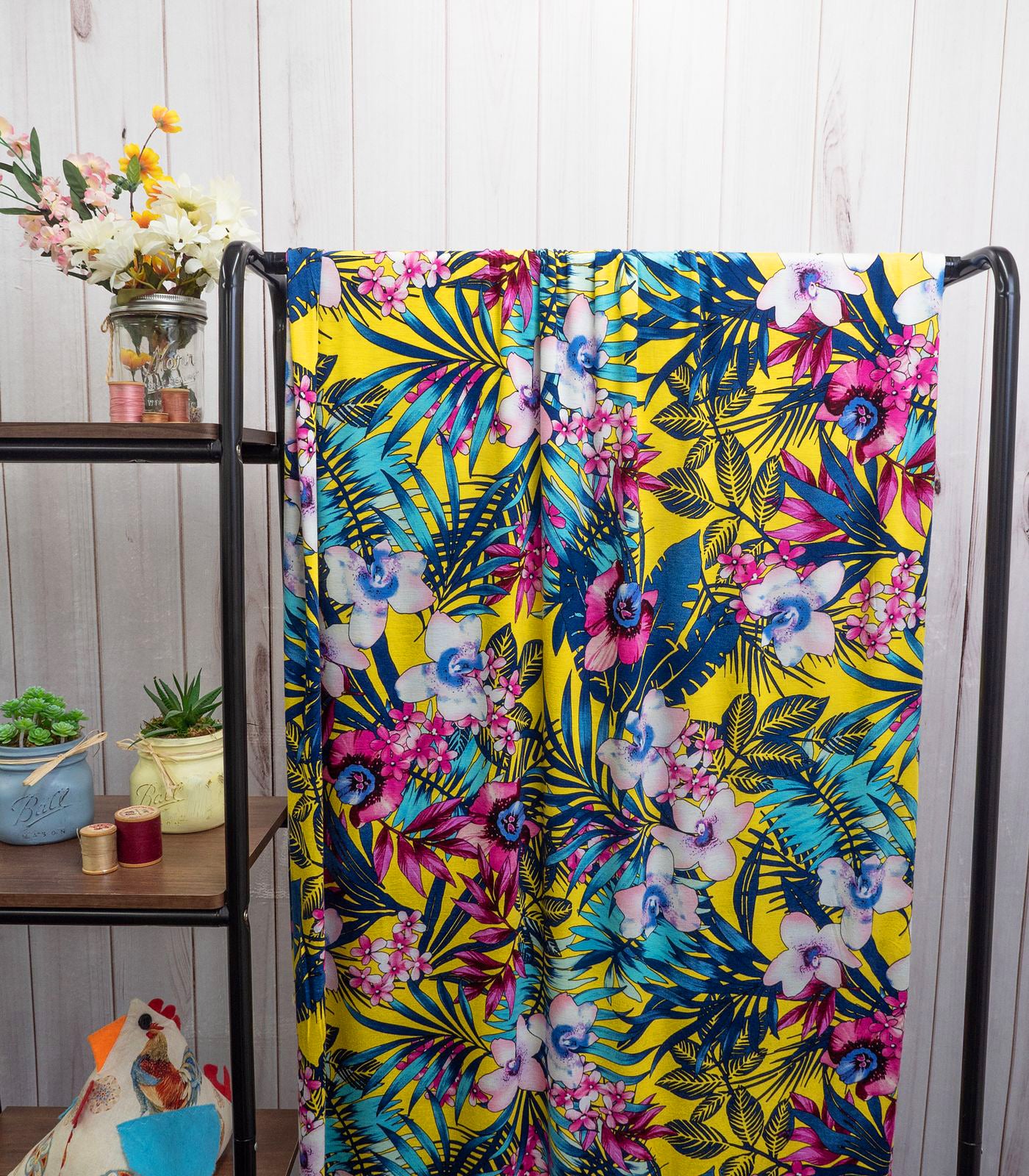 Yellow/Navy/Hot Pink Tropical/Floral Rayon Spandex Fabric