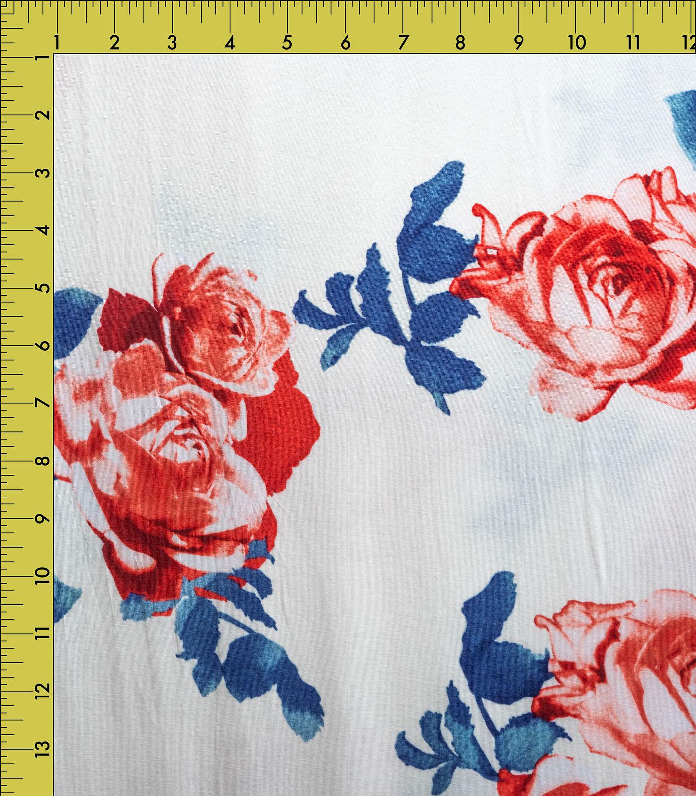 White/Navy/Red Floral Rayon Spandex Fabric