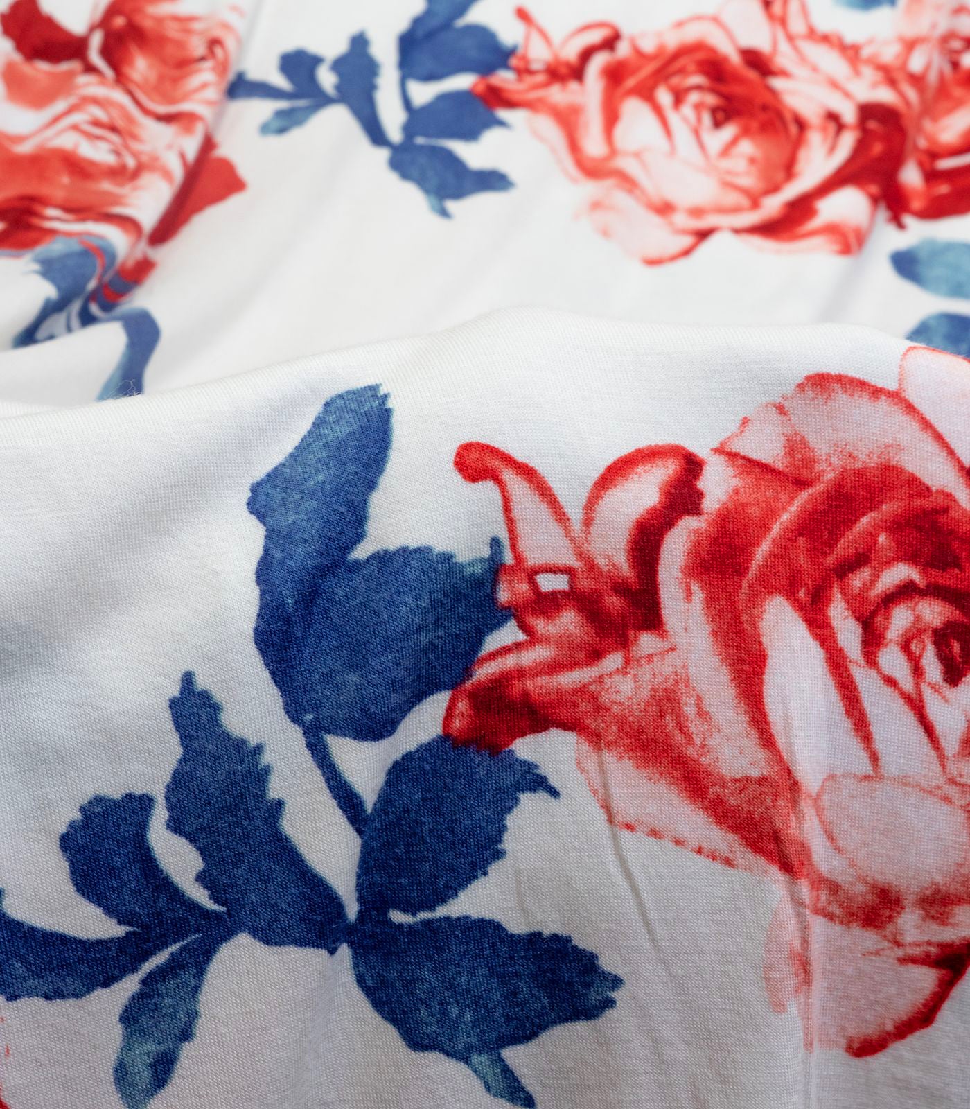 White/Navy/Red Floral Rayon Spandex Fabric