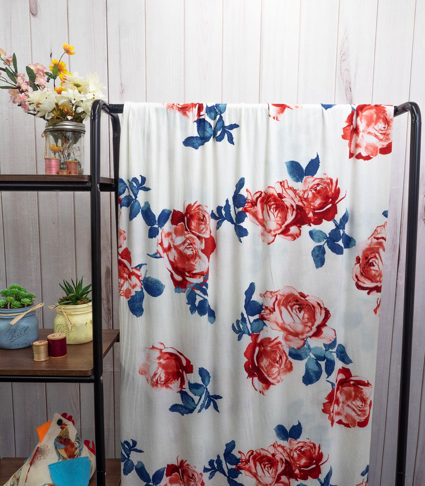 White/Navy/Red Floral Rayon Spandex Fabric