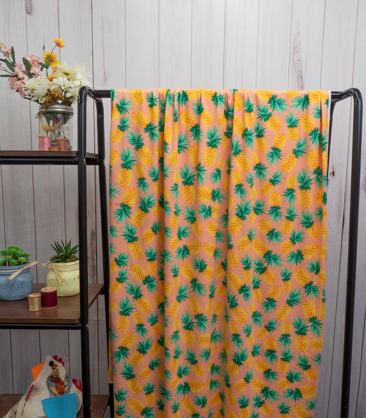 Peach/Yellow/Green Pineapples Double Brushed Poly Fabric