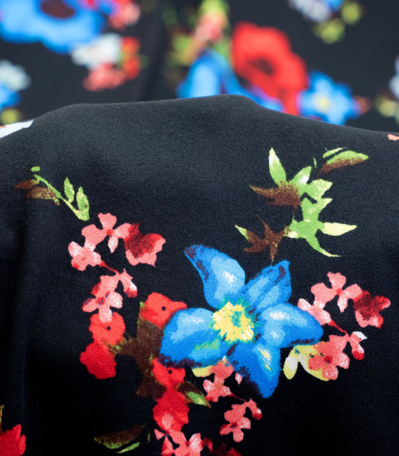Black/Red/Blue Floral Double Brushed Poly Fabric