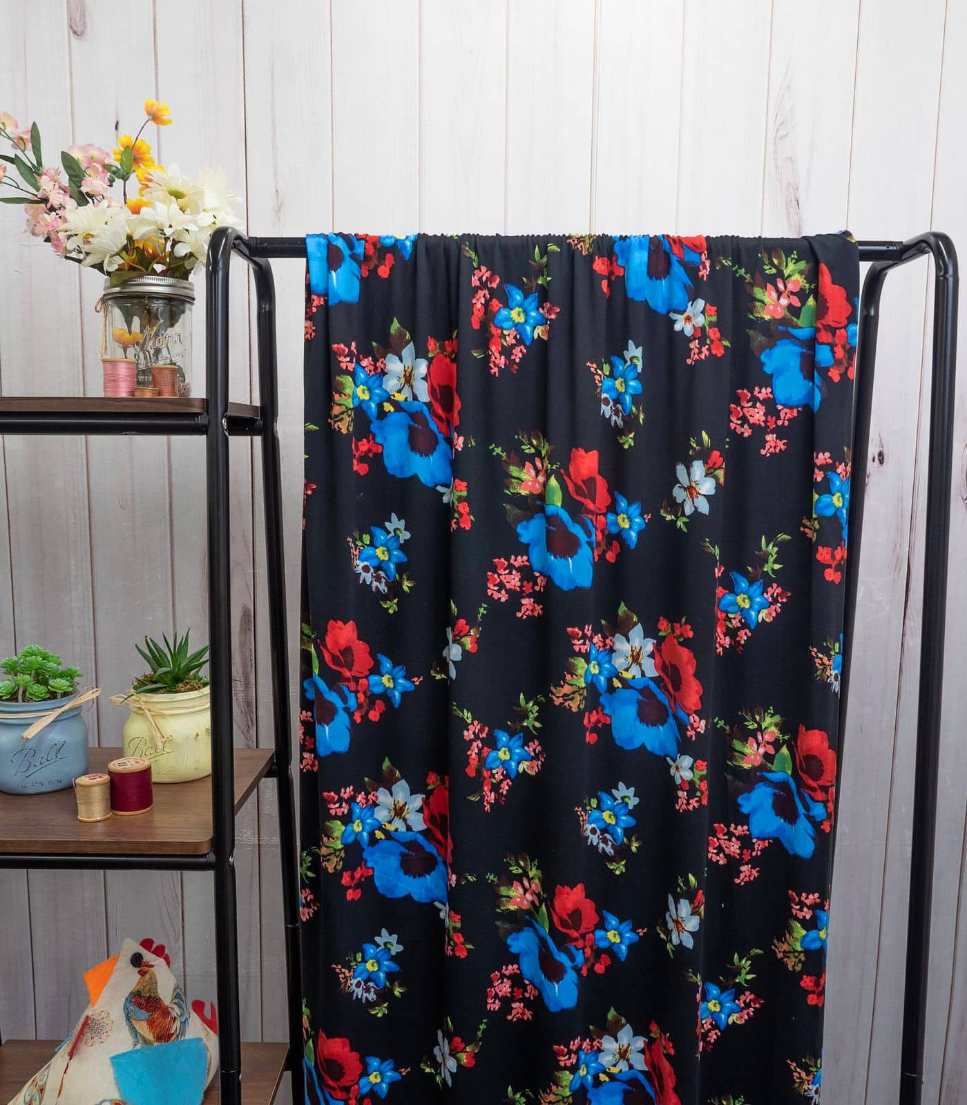 Black/Red/Blue Floral Double Brushed Poly Fabric
