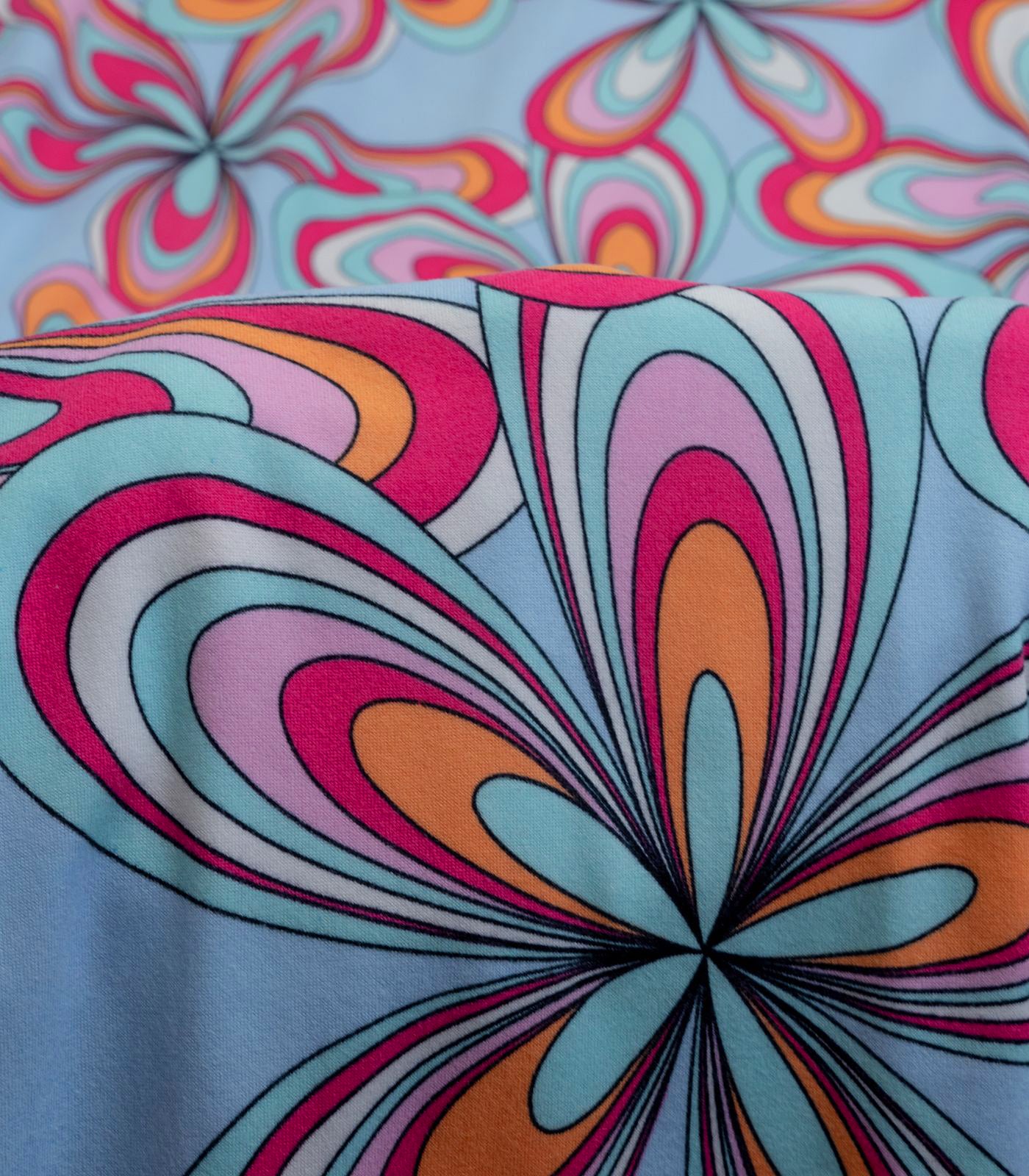 Baby Blue/Red/Orange Retro/Floral Double Brushed Poly Fabric