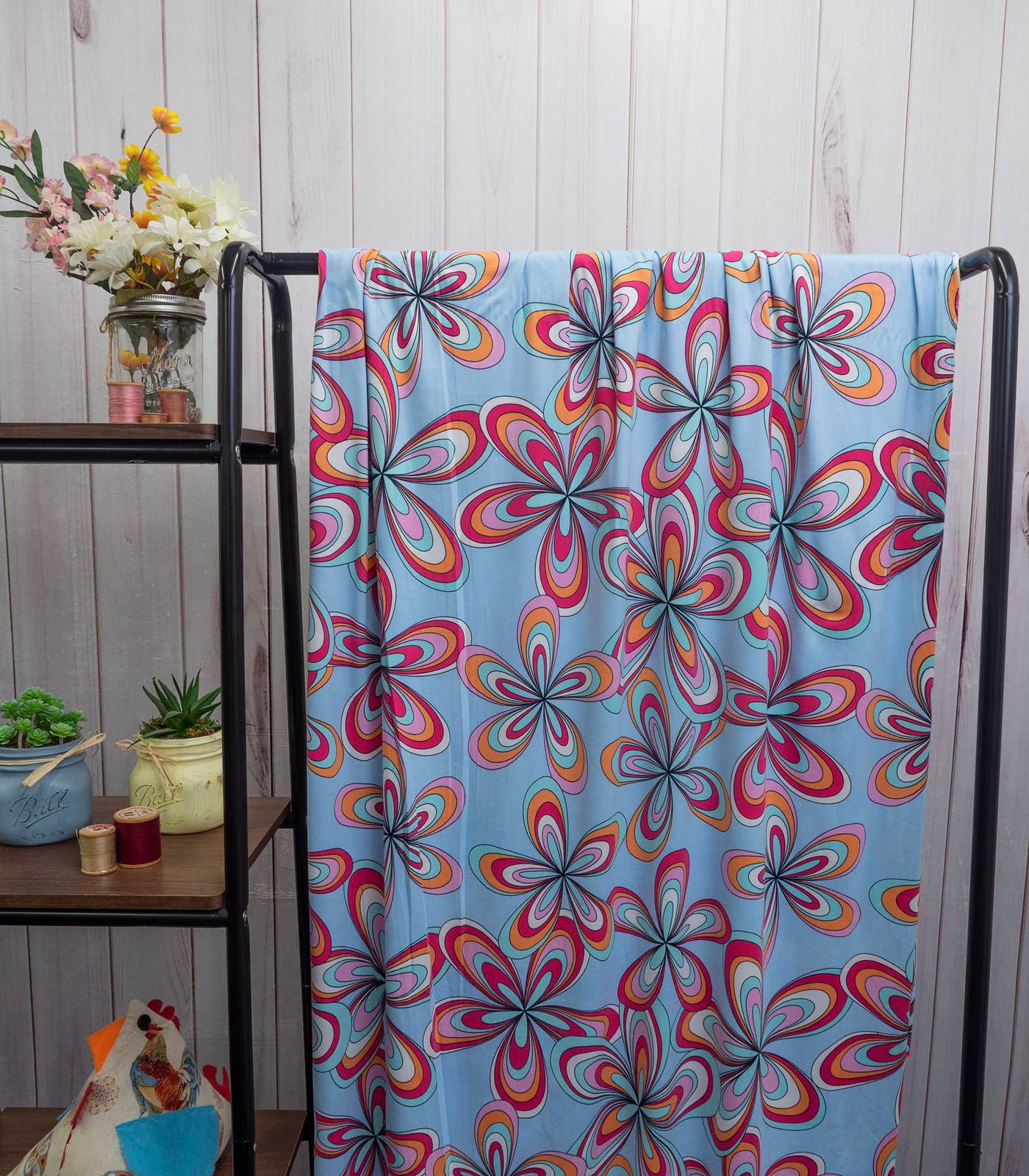 Baby Blue/Red/Orange Retro/Floral Double Brushed Poly Fabric