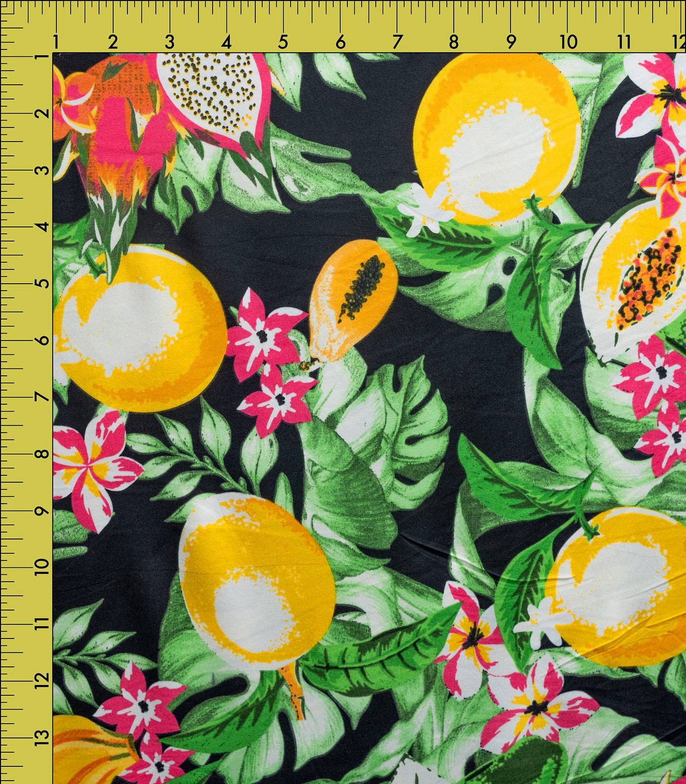 Black/Yellow/Green Fruits Double Brushed Poly Fabric