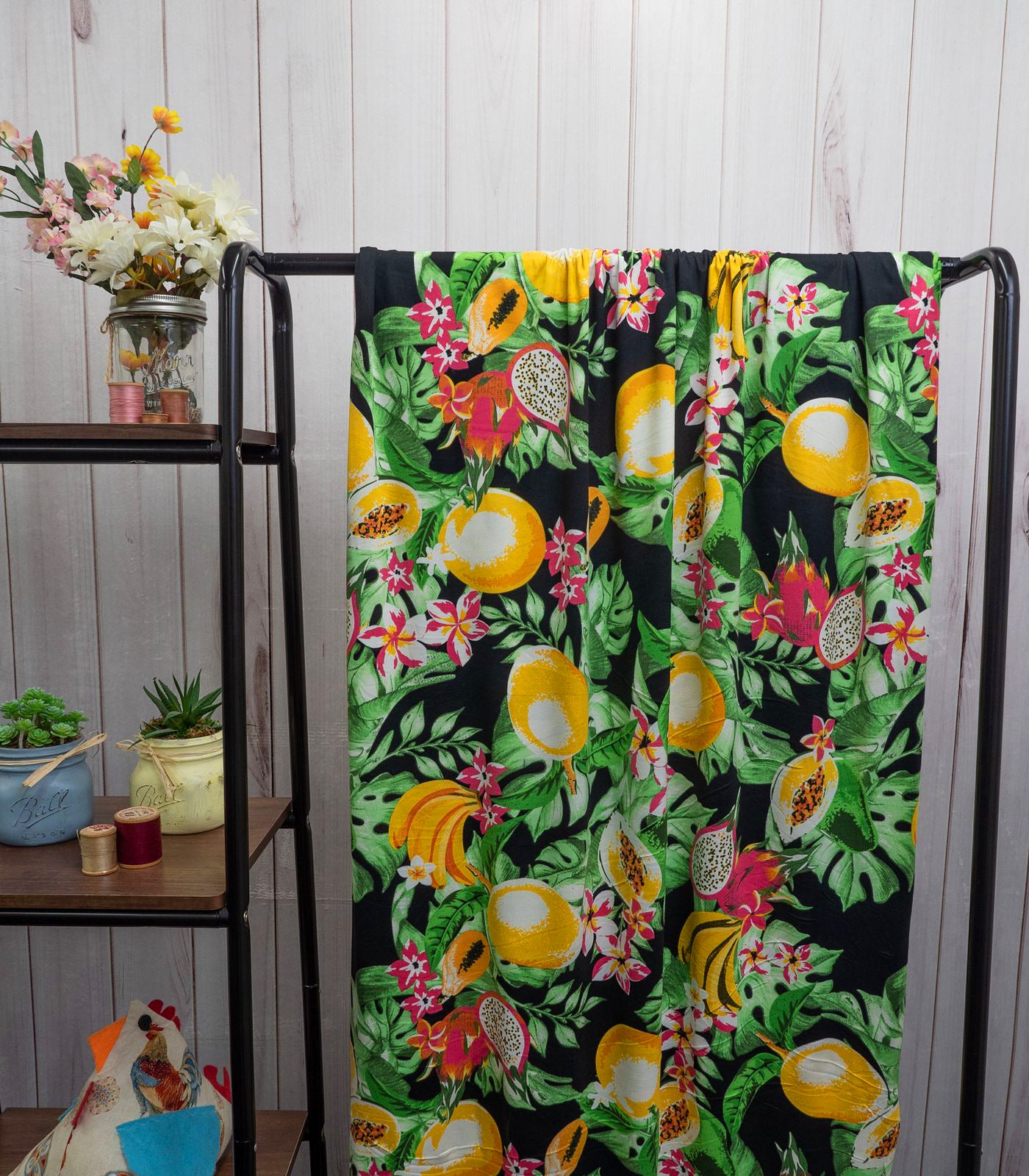 Black/Yellow/Green Fruits Double Brushed Poly Fabric