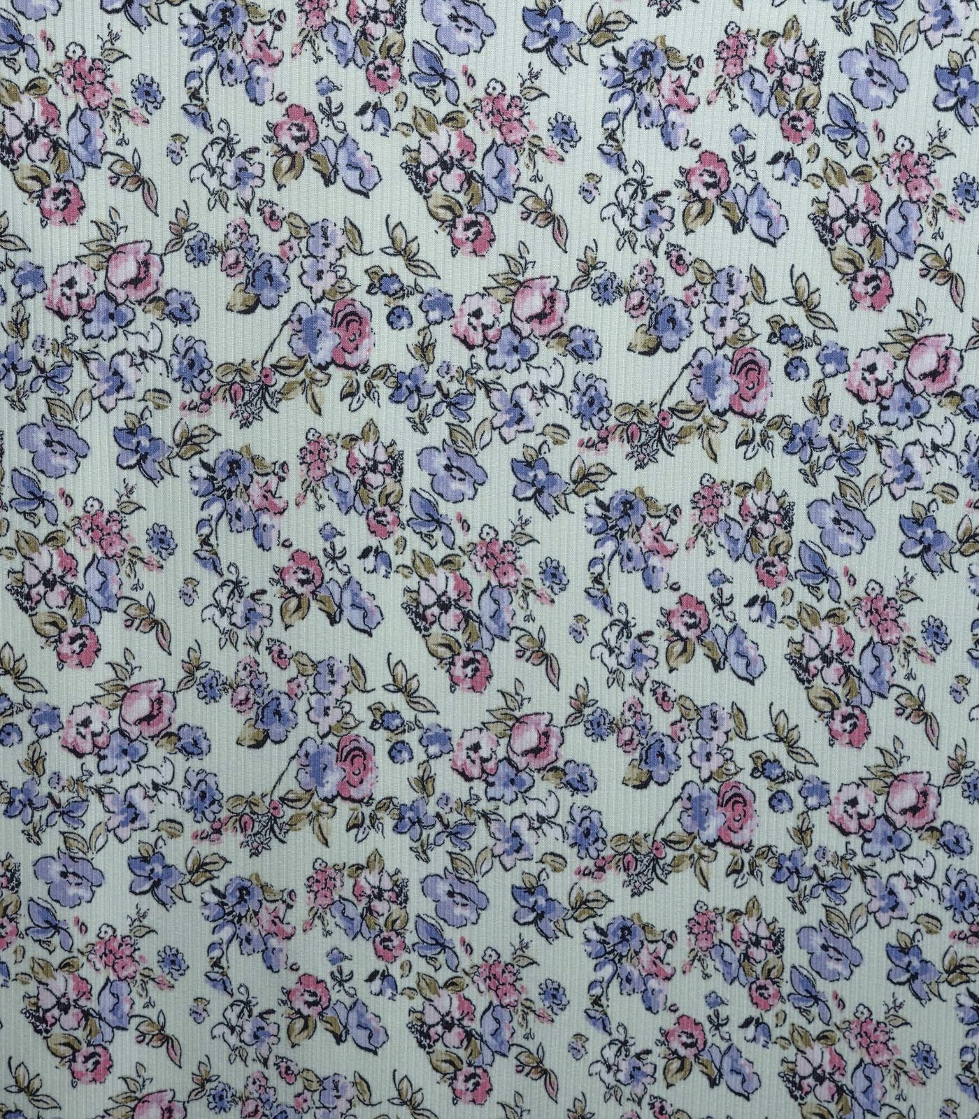 Light Mint/Rose/Blue Floral Ribbed Knit (4x2) Fabric