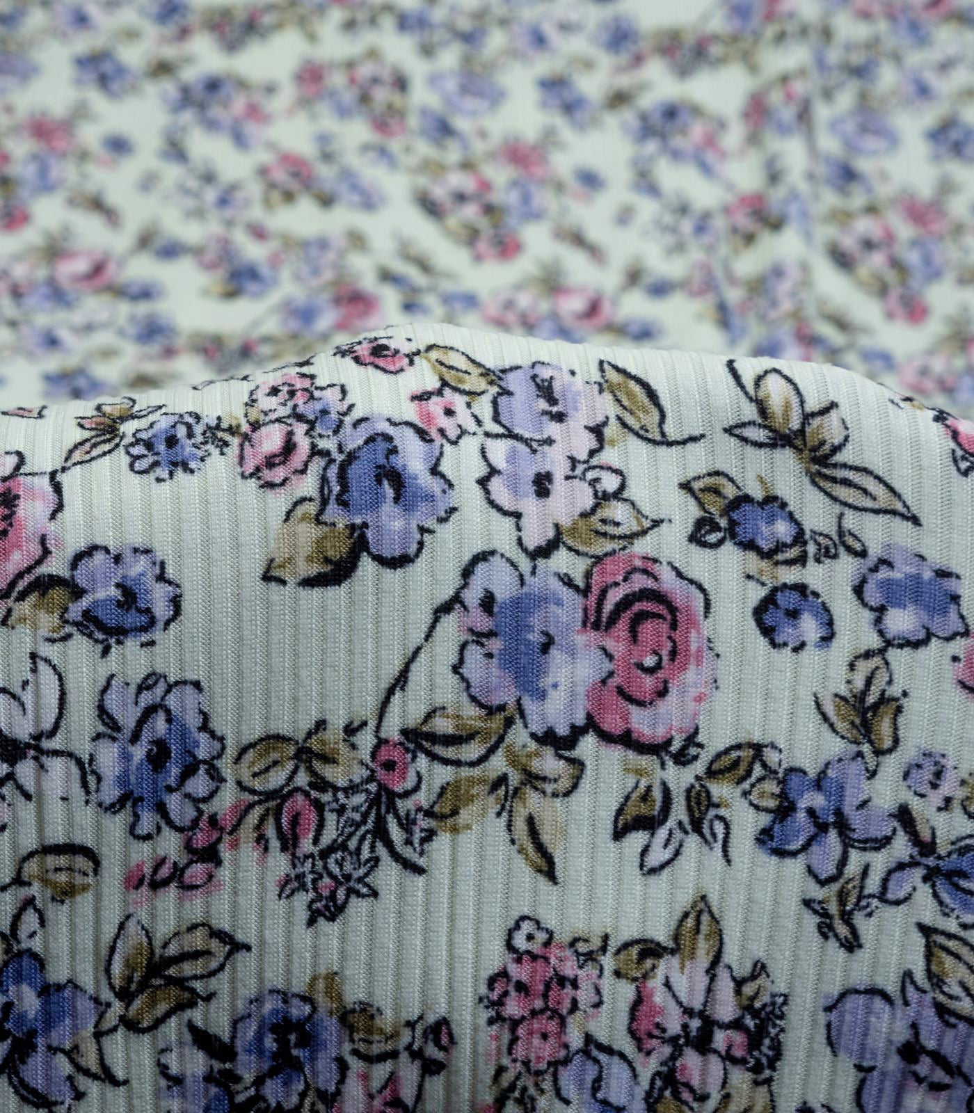 Light Mint/Rose/Blue Floral Ribbed Knit (4x2) Fabric