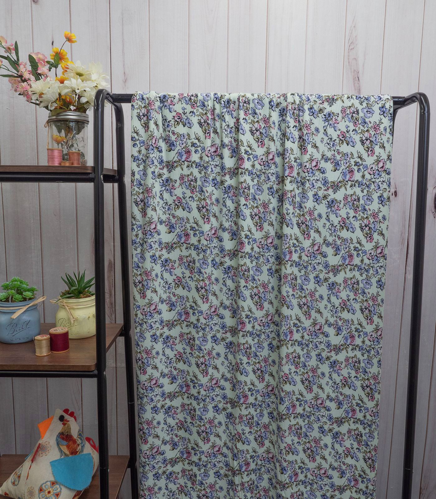 Light Mint/Rose/Blue Floral Ribbed Knit (4x2) Fabric
