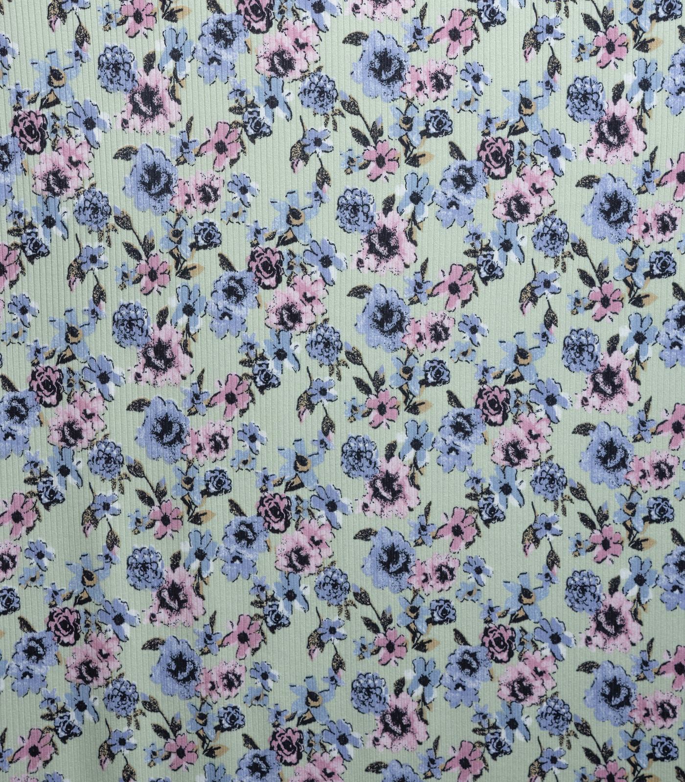 Light Mint/Rose/Blue Floral Ribbed Knit (4x2) Fabric