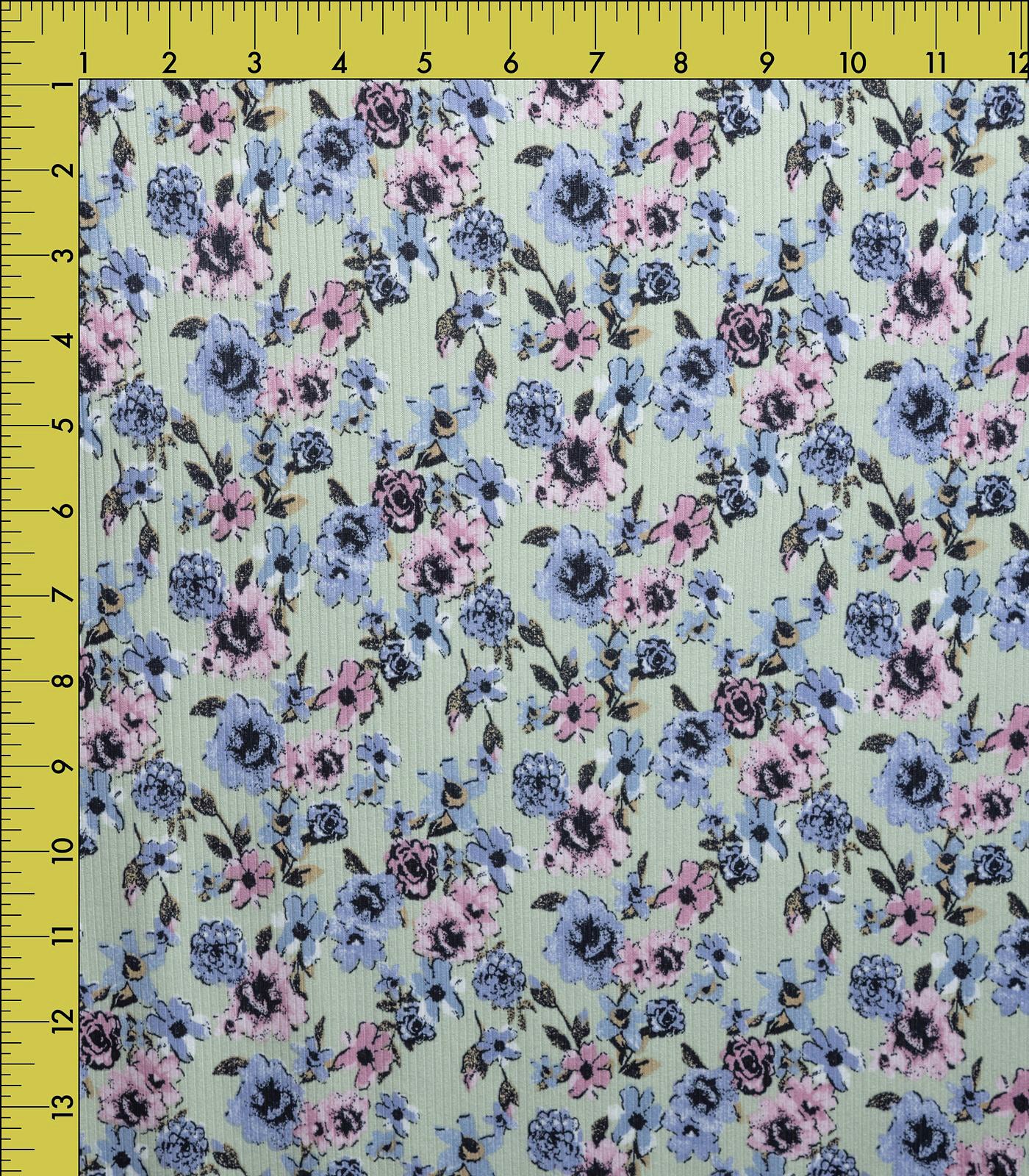 Light Mint/Rose/Blue Floral Ribbed Knit (4x2) Fabric