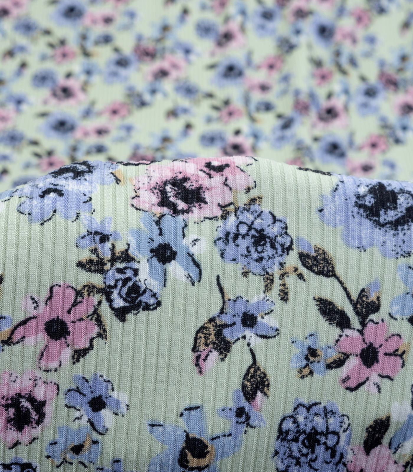 Light Mint/Rose/Blue Floral Ribbed Knit (4x2) Fabric