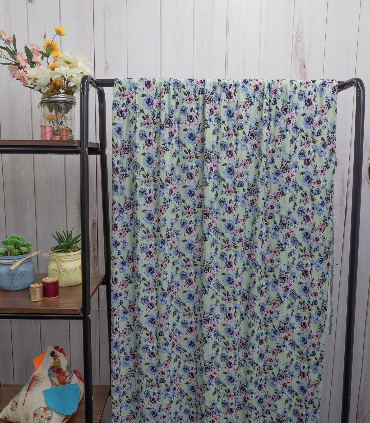 Light Mint/Rose/Blue Floral Ribbed Knit (4x2) Fabric