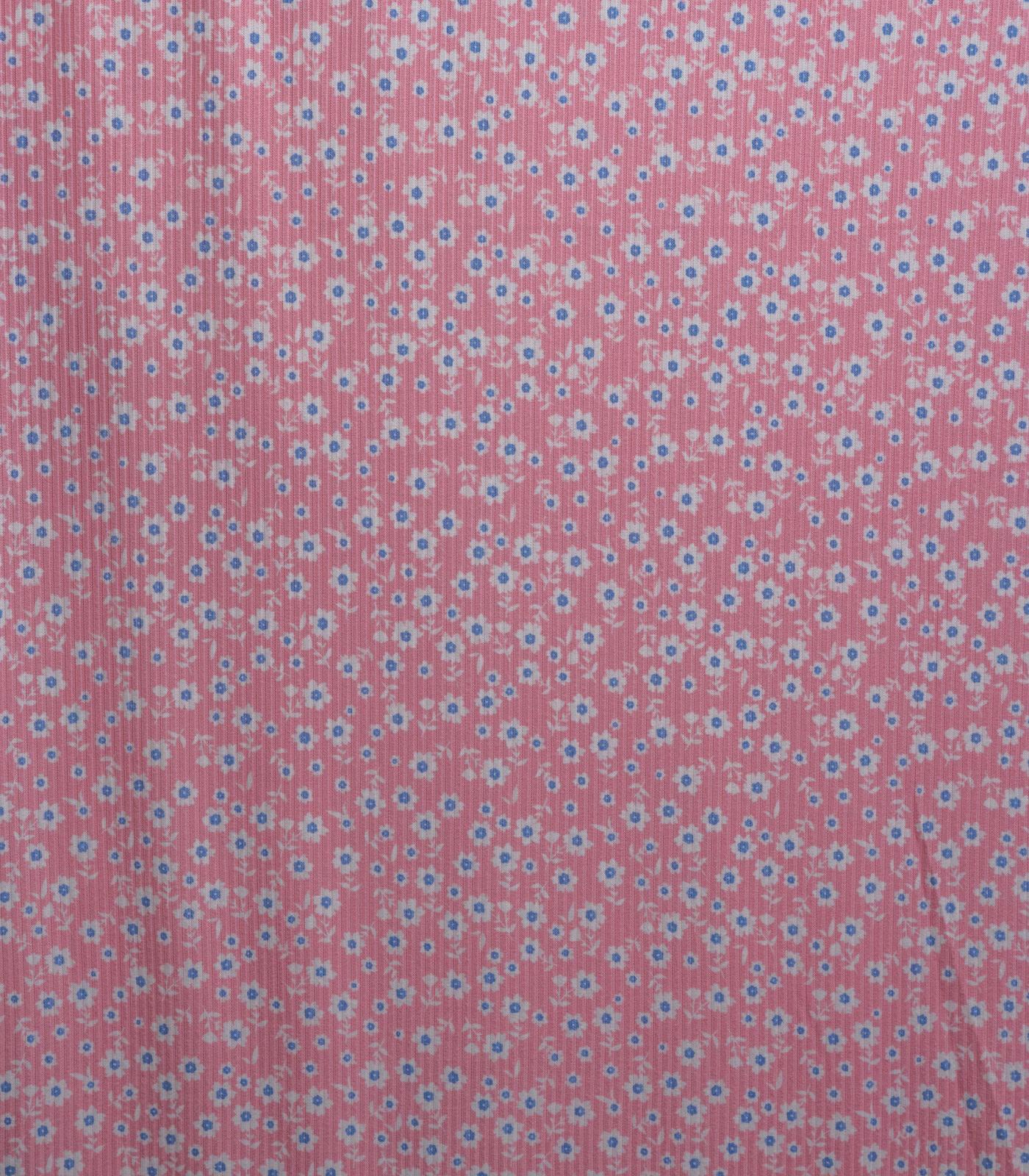 Rose/White Floral Ribbed Knit (4x2) Fabric