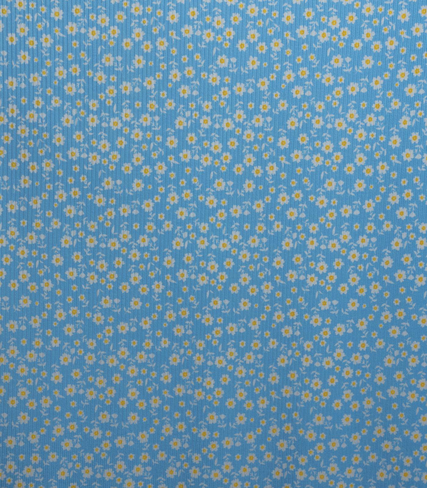 Baby Blue/White/Yellow Floral Ribbed Knit (4x2) Fabric
