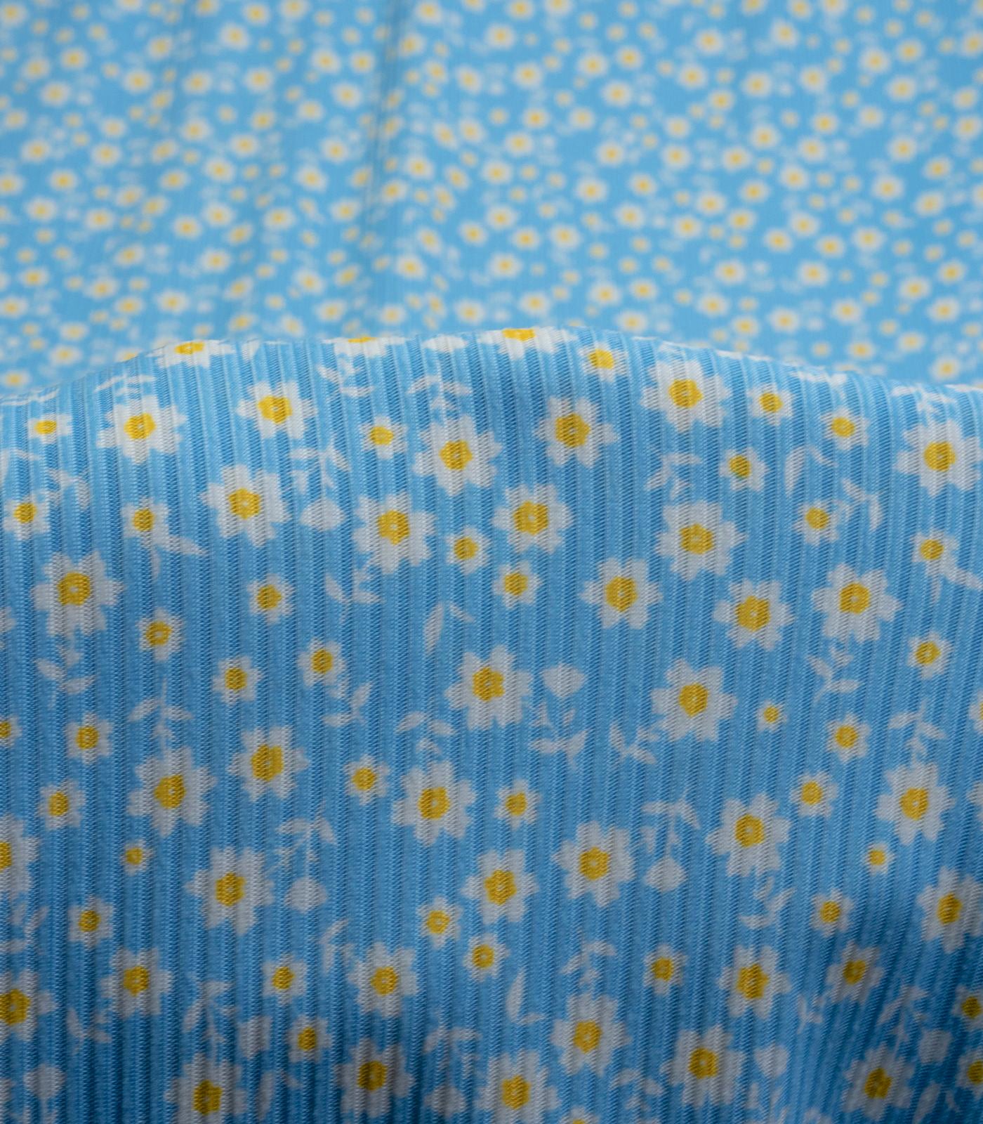Baby Blue/White/Yellow Floral Ribbed Knit (4x2) Fabric
