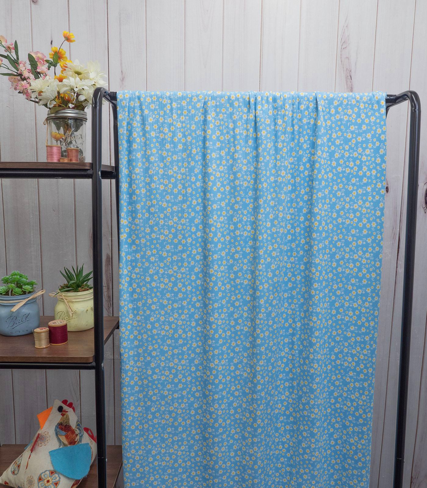 Baby Blue/White/Yellow Floral Ribbed Knit (4x2) Fabric