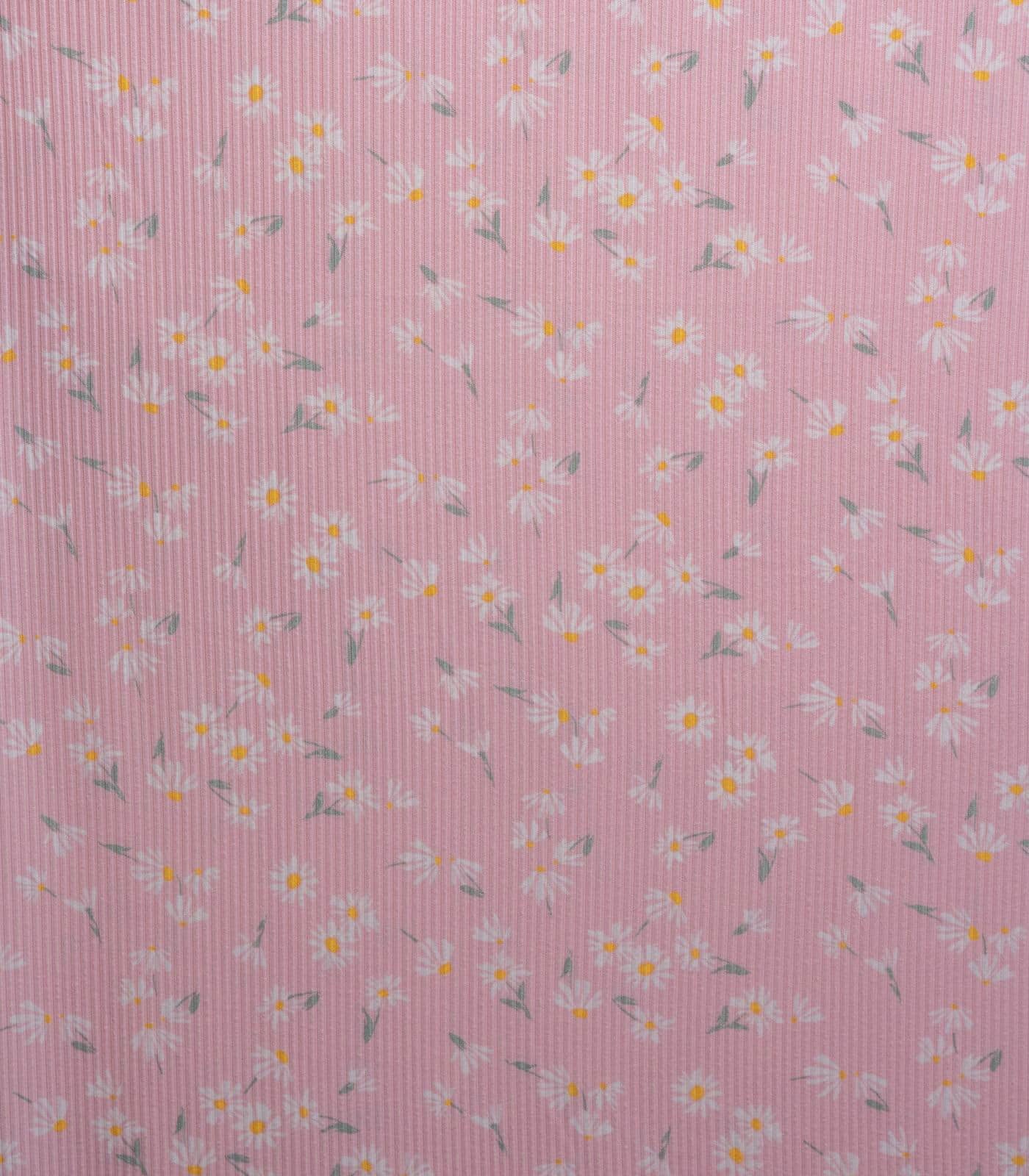 Baby Pink/White/Yellow Floral Ribbed Knit (4x2) Fabric