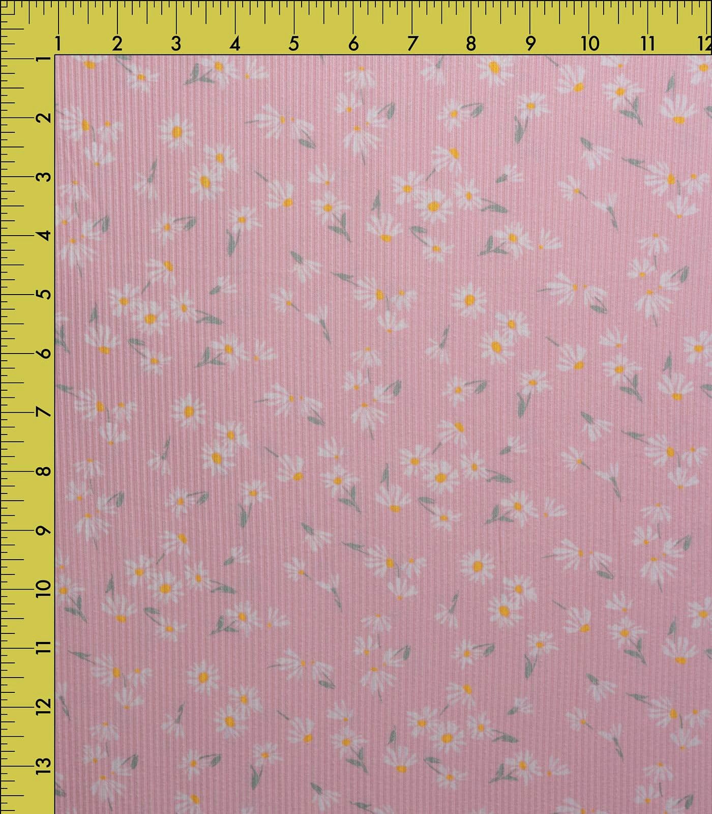 Baby Pink/White/Yellow Floral Ribbed Knit (4x2) Fabric