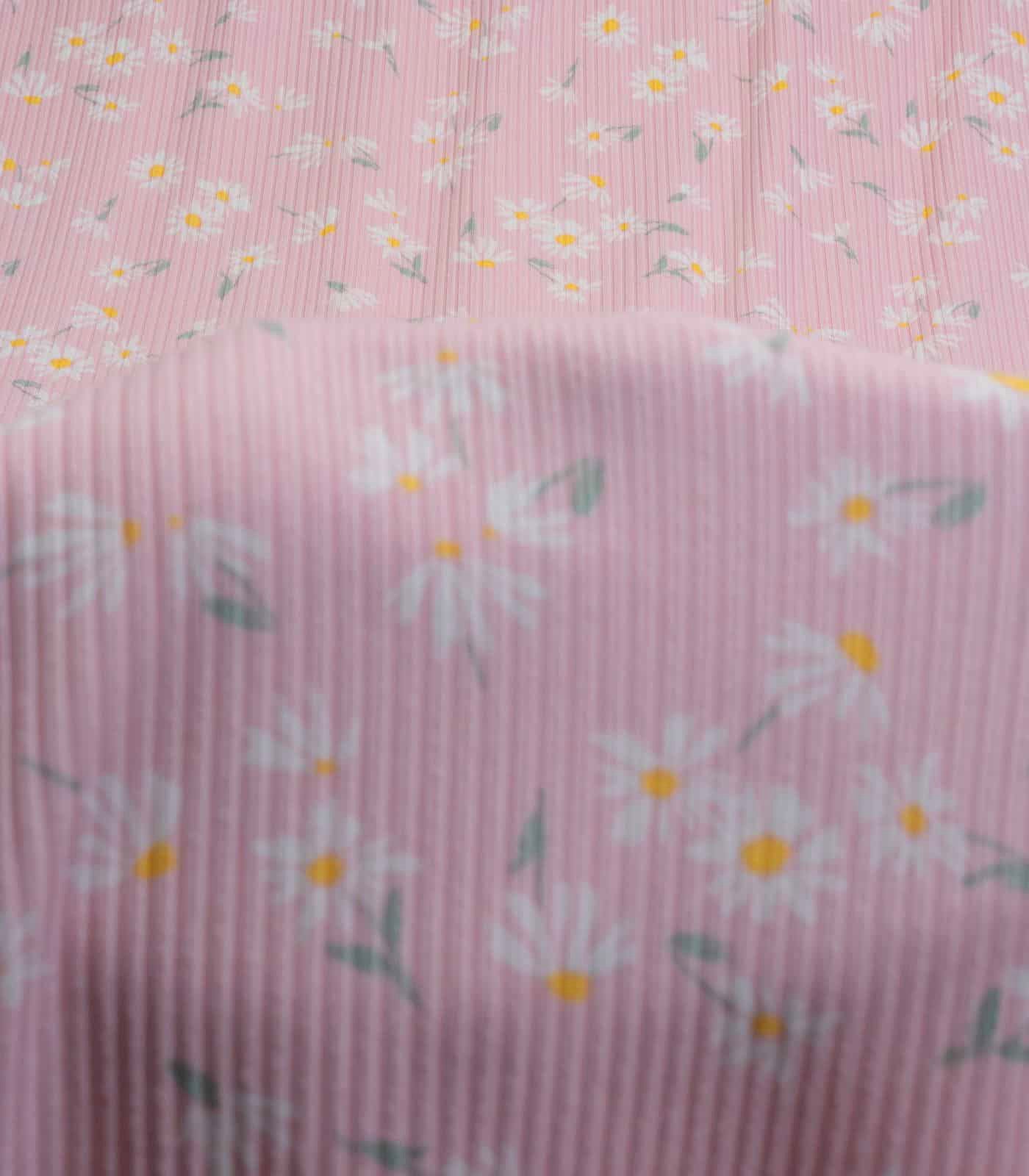 Baby Pink/White/Yellow Floral Ribbed Knit (4x2) Fabric