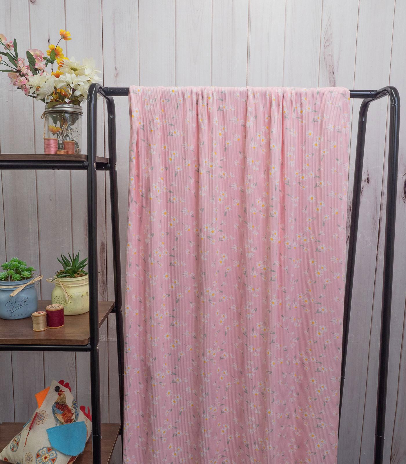 Baby Pink/White/Yellow Floral Ribbed Knit (4x2) Fabric