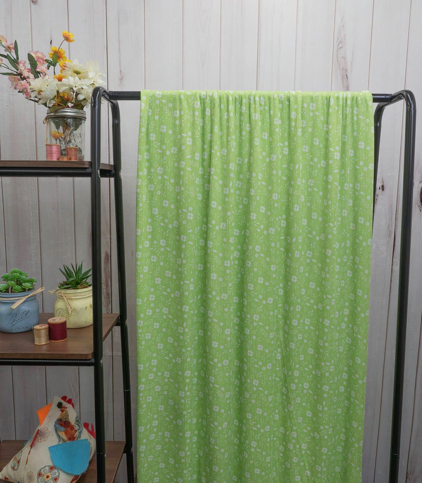 Green/White Floral Ribbed Knit (4x2) Fabric