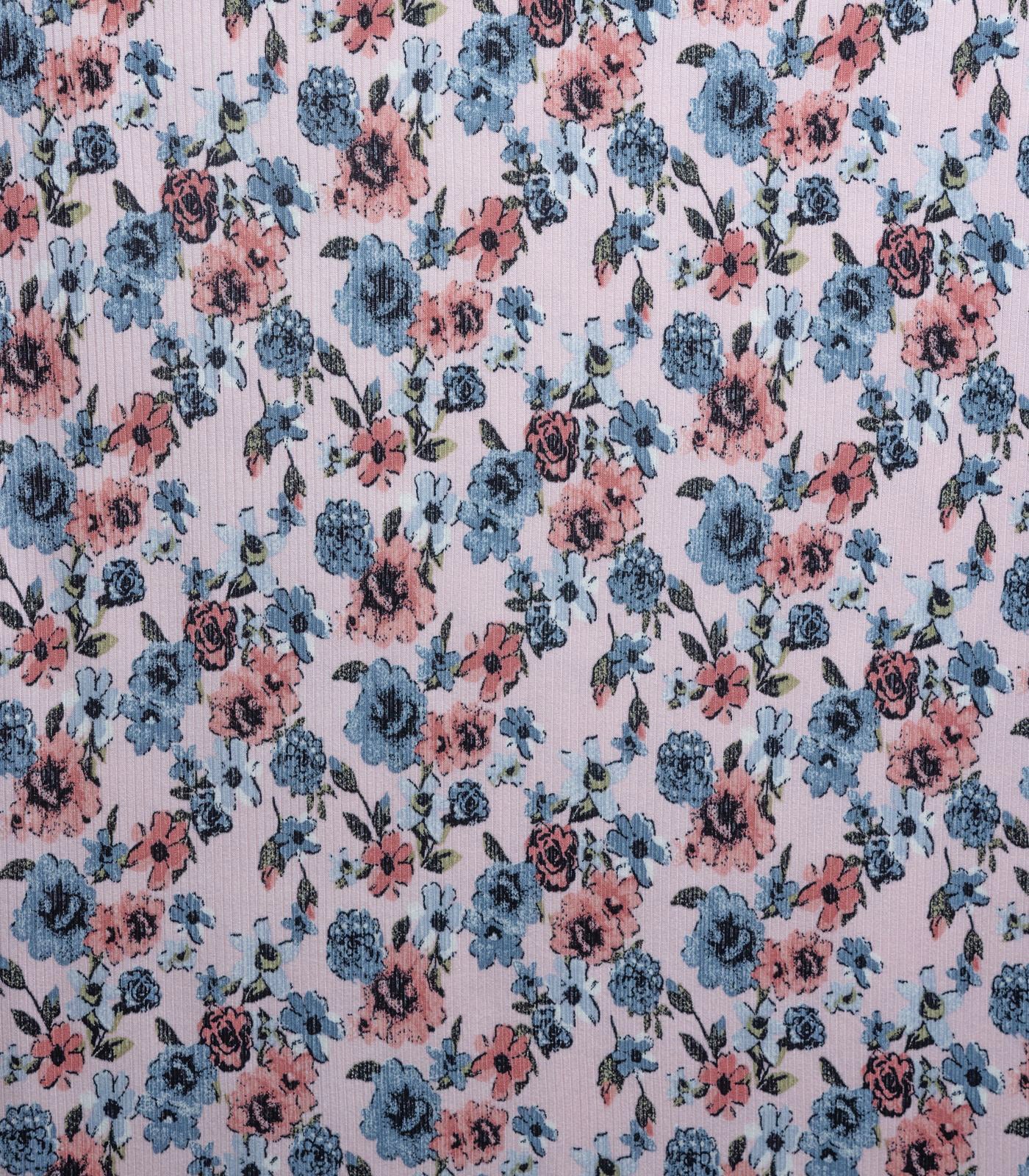 Rose/Blue/Dusty Rose Floral Ribbed Knit (4x2) Fabric