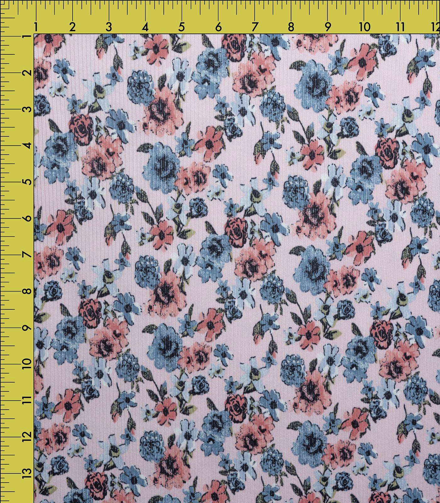 Rose/Blue/Dusty Rose Floral Ribbed Knit (4x2) Fabric