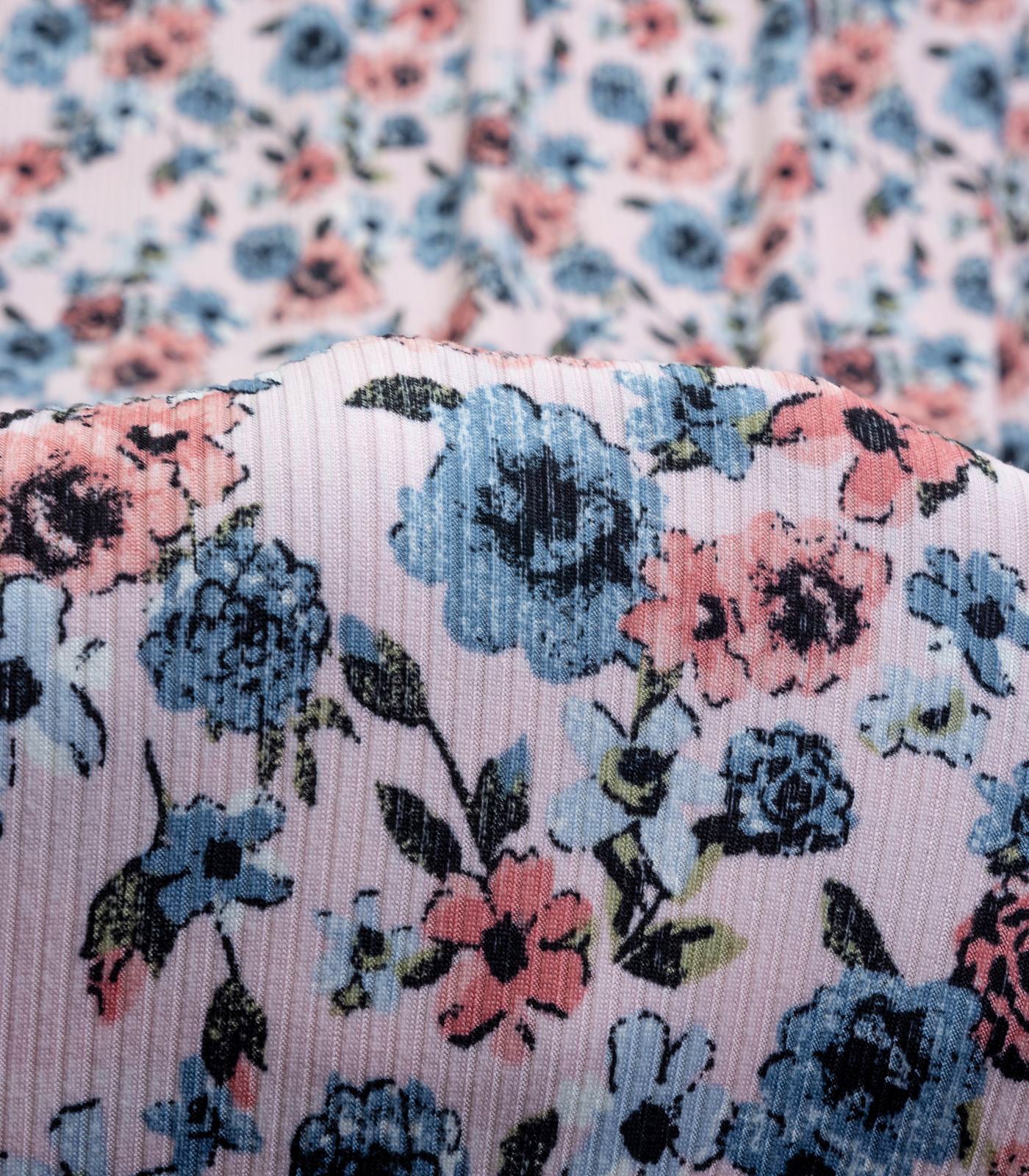 Rose/Blue/Dusty Rose Floral Ribbed Knit (4x2) Fabric